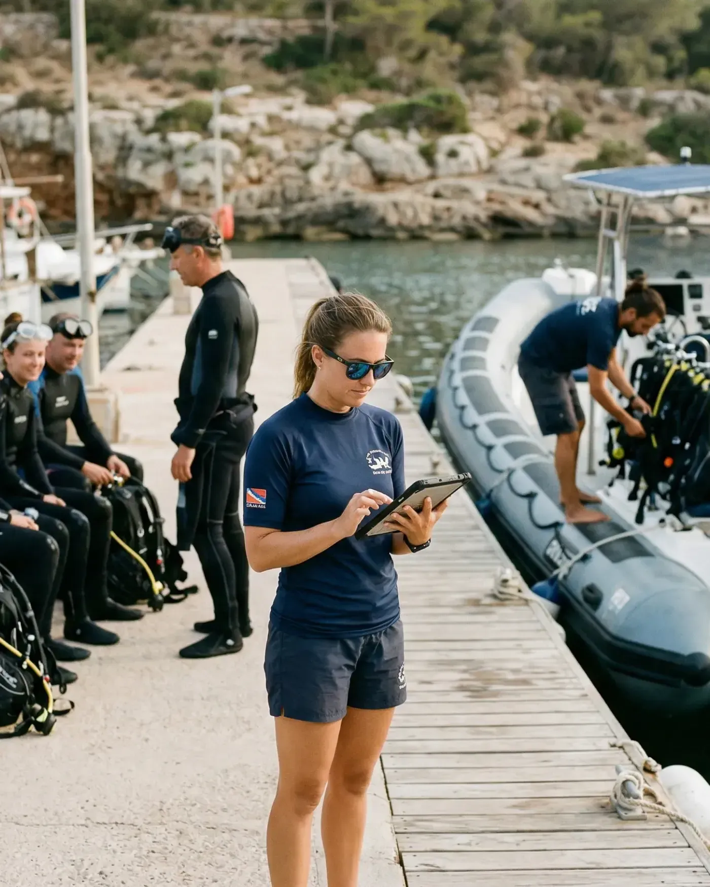 Dive center managers reviewing Bloowatch boat roster with clients on boat