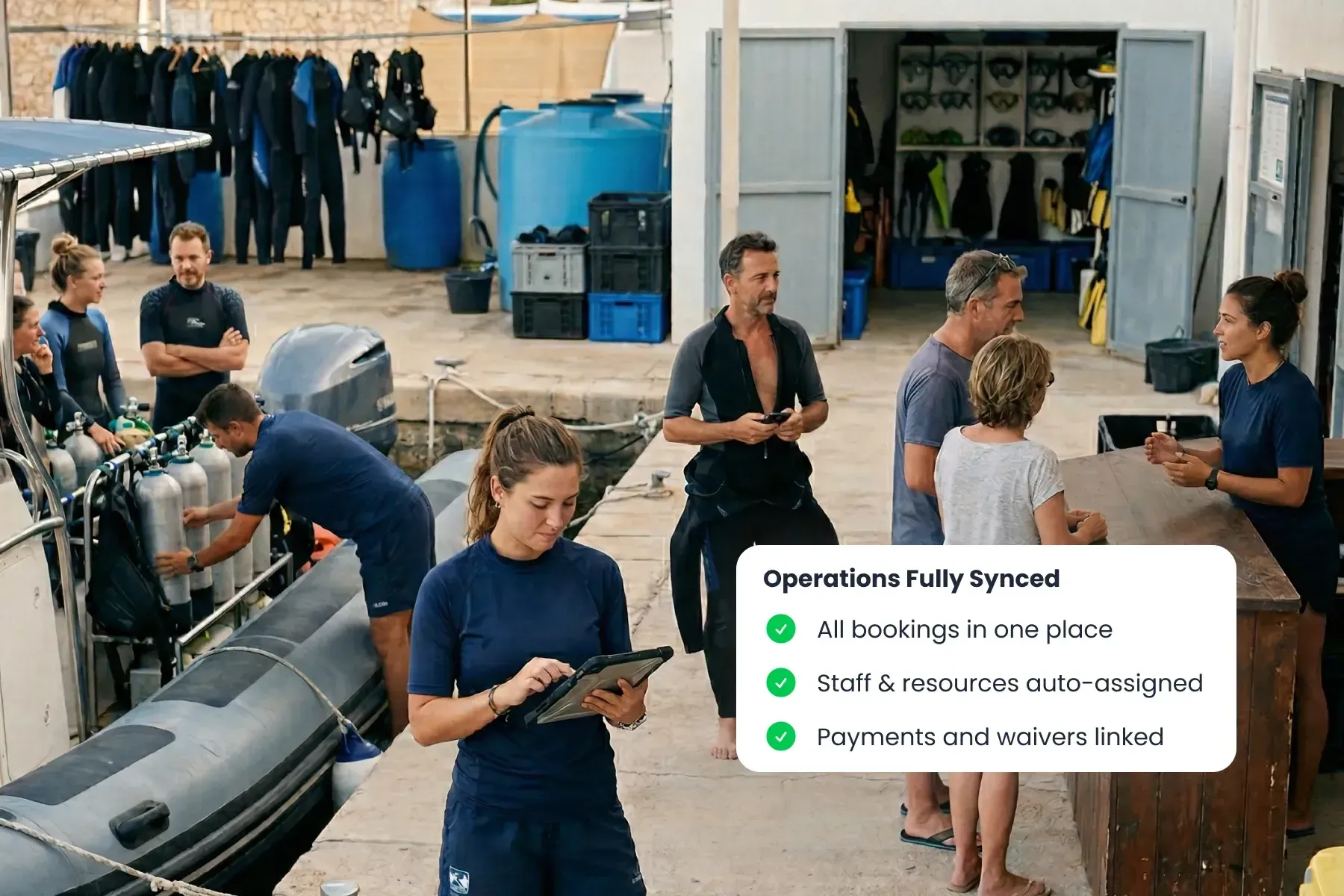 Bloowatch activity center view showing staff, gear, bookings, and operations managed from one platform.