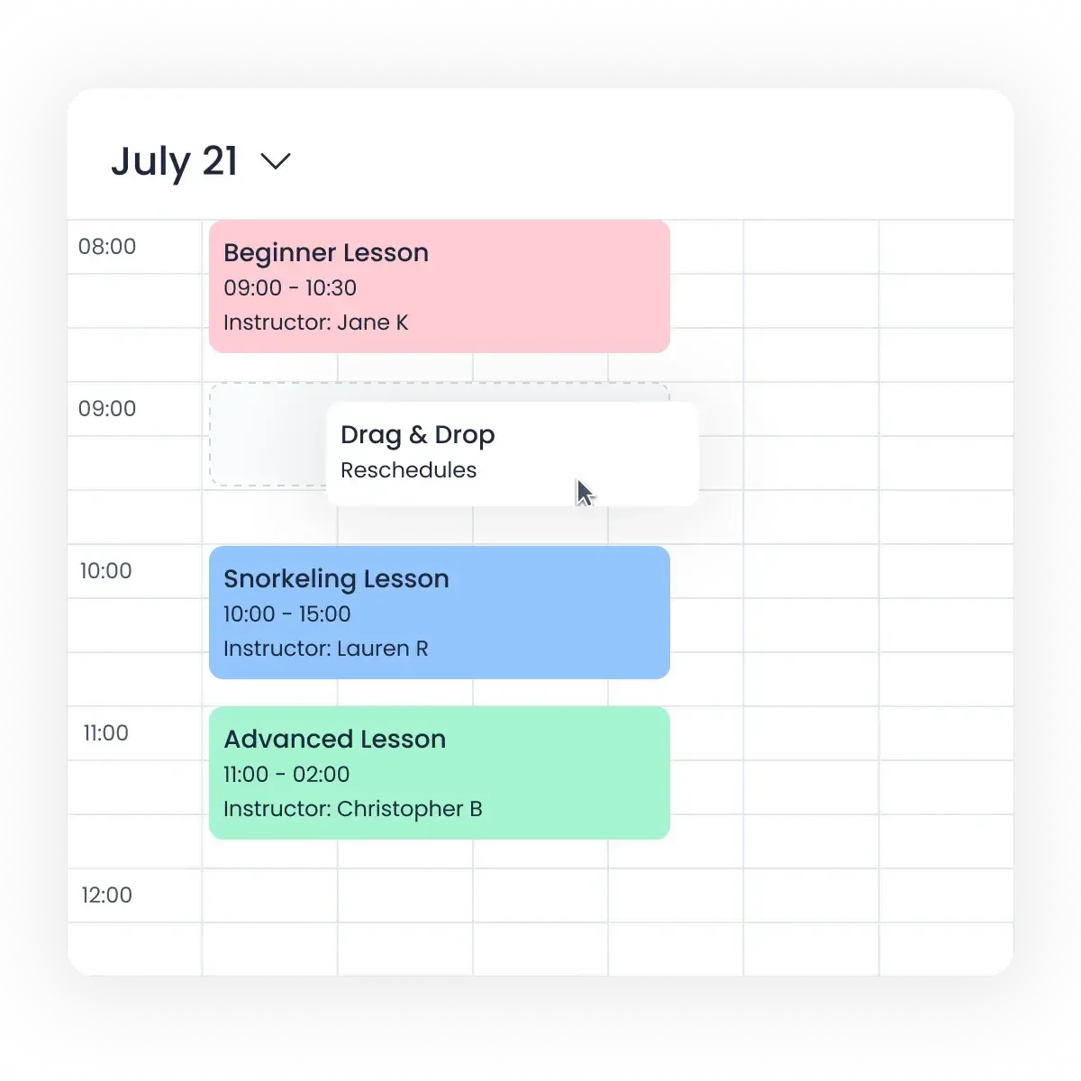 Bloowatch specialized calendar showing lessons, trips, and time slots for advanced scheduling and capacity planning.