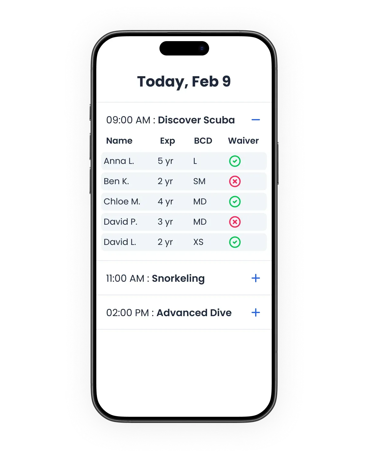 Bloowatch mobile activity context showing assigned instructors and session details at a glance.
