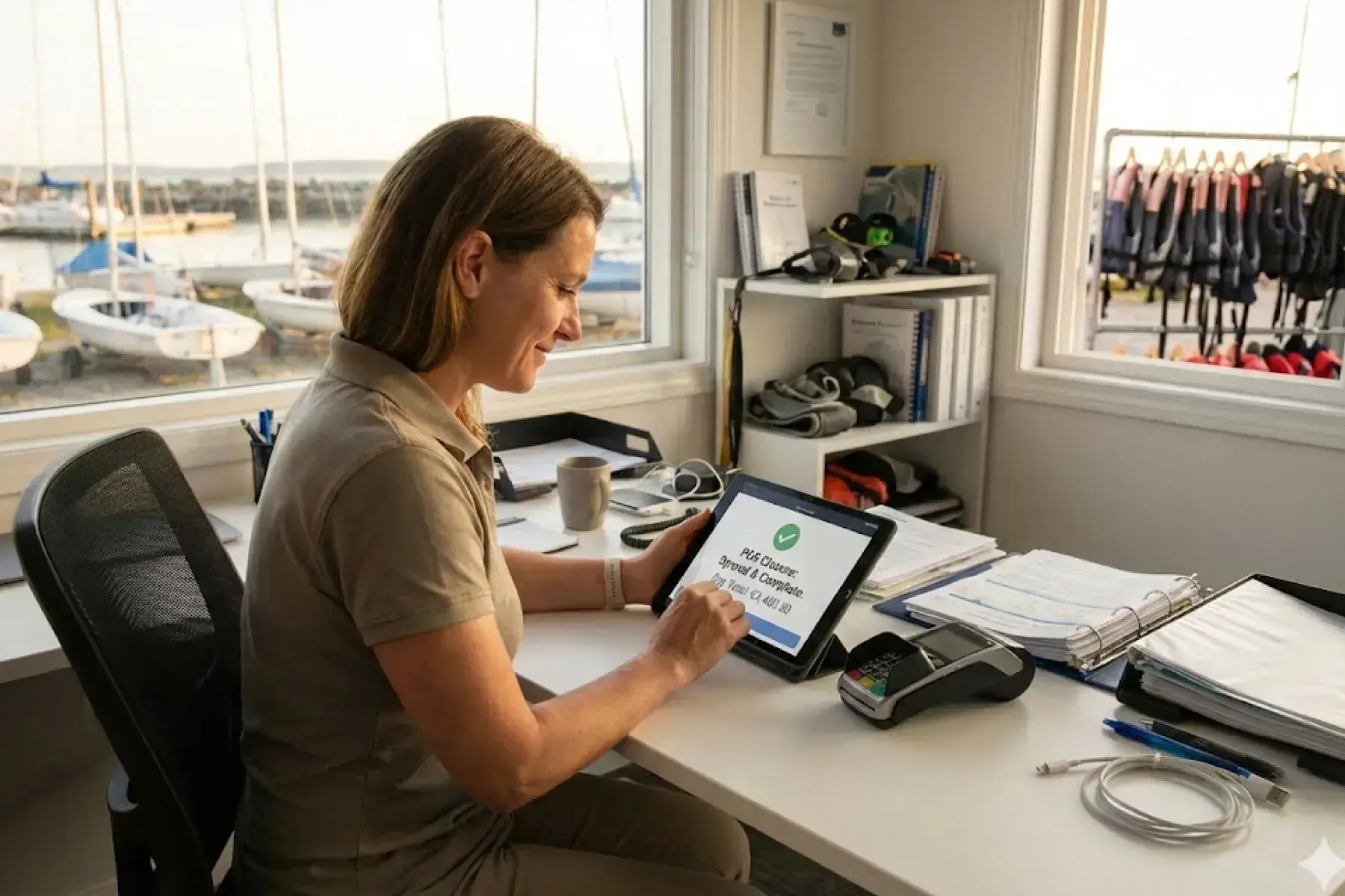 Staff member using Bloowatch to manage payments, POS closure, invoicing, and back-office operations.
