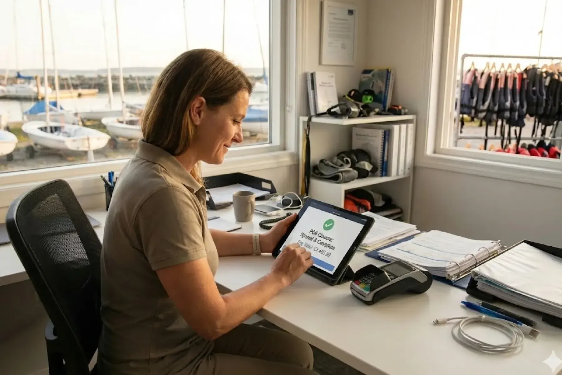 Staff member using Bloowatch to manage payments, POS closure, invoicing, and back-office operations.