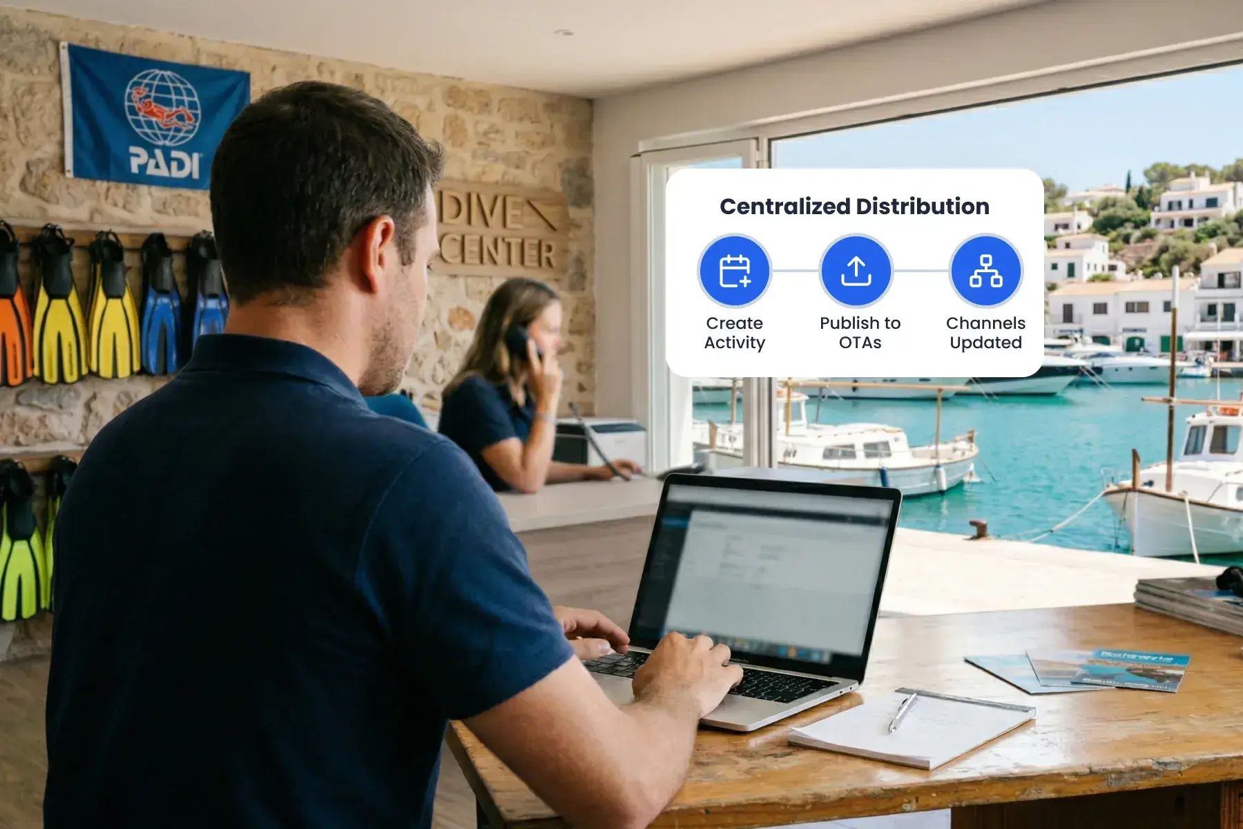 Staff member using Bloowatch to manage OTA connections and booking control from one central dashboard.