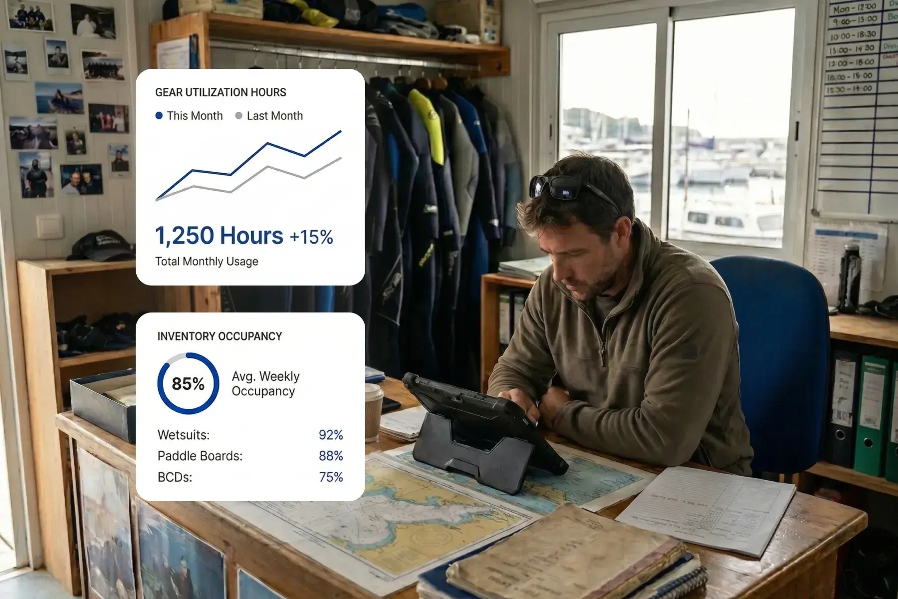 Manager using Bloowatch analytics to review staff activity, resource usage, and operational performance.