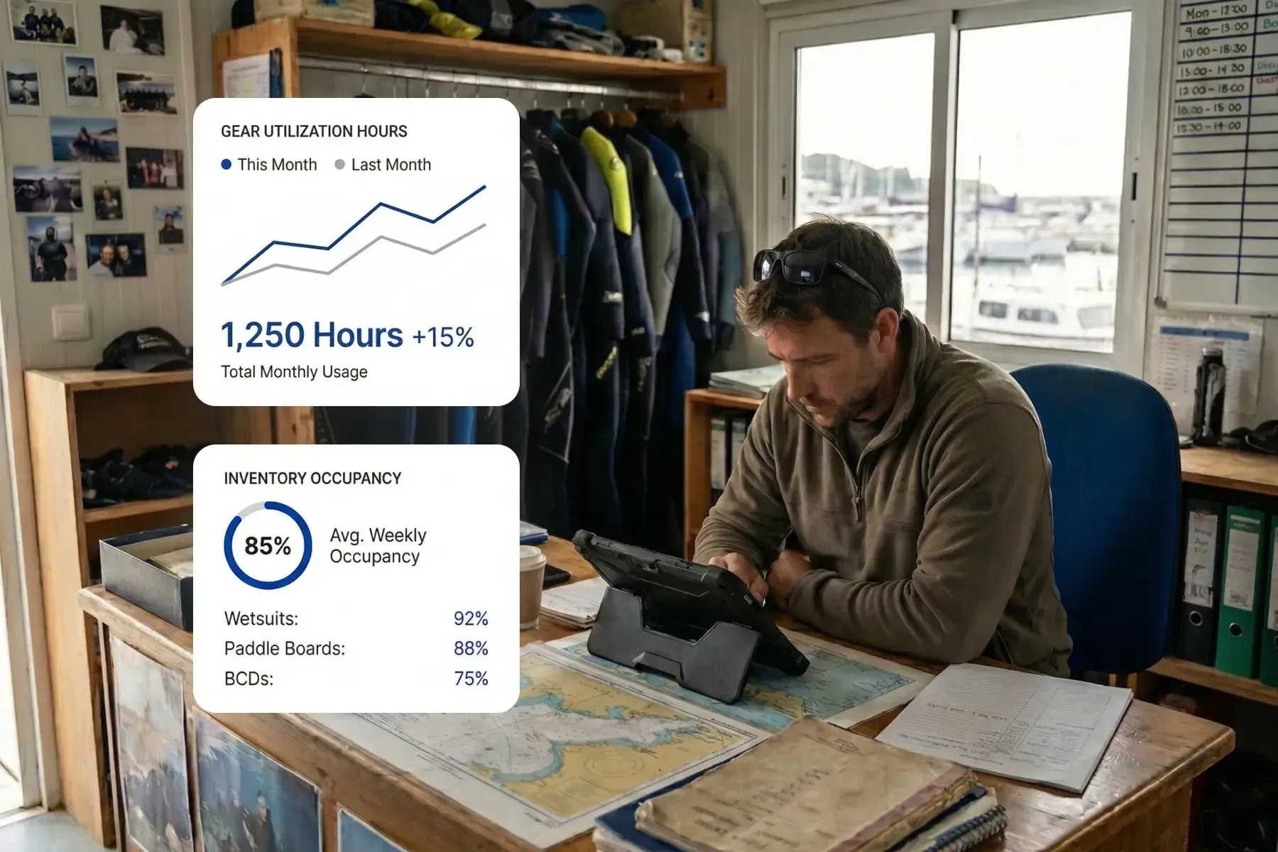 Manager using Bloowatch analytics to review staff activity, resource usage, and operational performance.