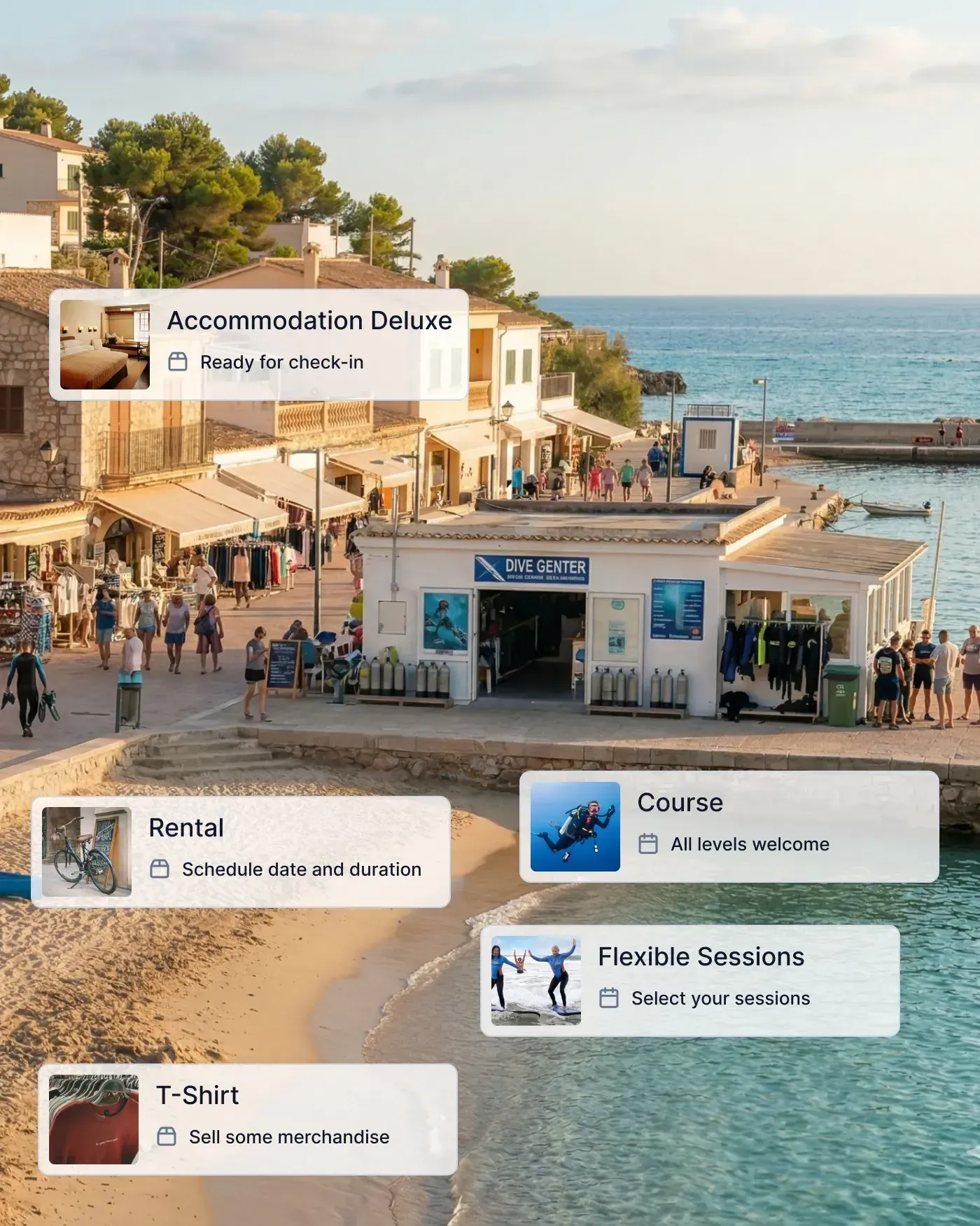 Beachfront dive & watersports center with Bloowatch product catalog cards for courses, rentals, and accommodation