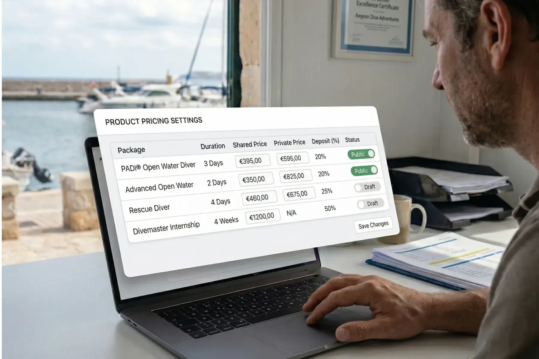 Activity manager configuring per-person and group pricing options on a laptop using Bloowatch product setup tools