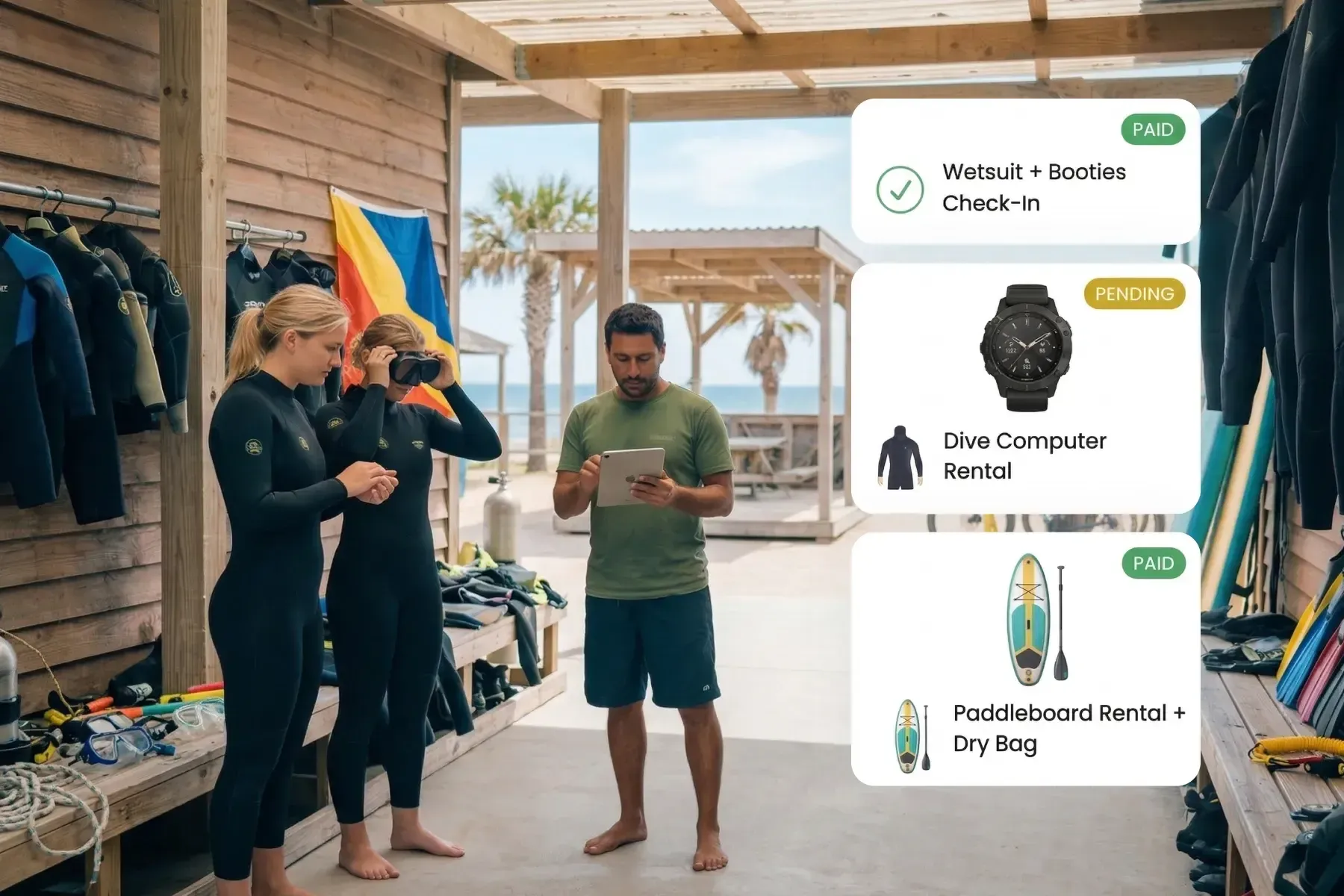 Dive instructor and customer reviewing gear add-ons and bundle options at an outdoor activity center with Bloowatch