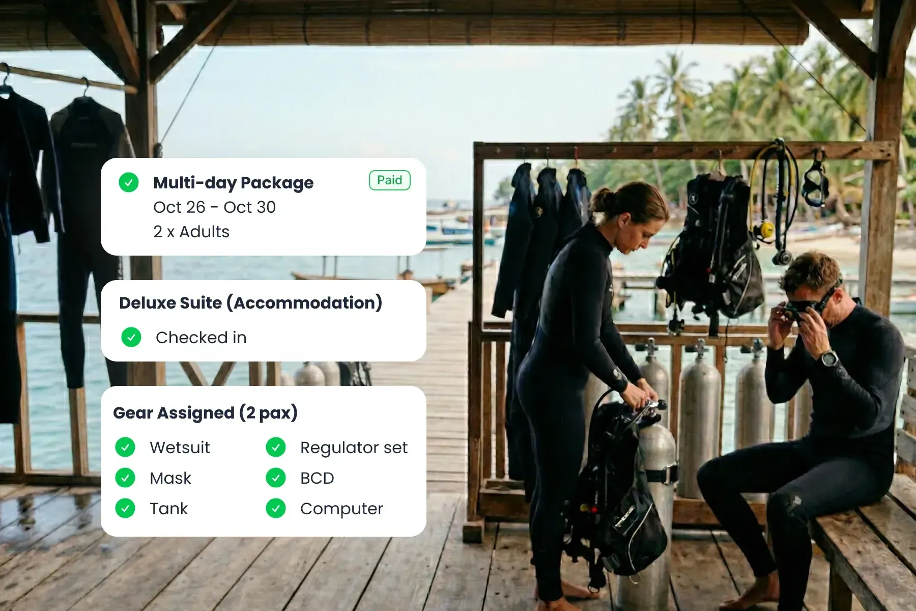 Bloowatch multi-day package builder showing accommodation-linked sessions and guest details for a camp or resort operation