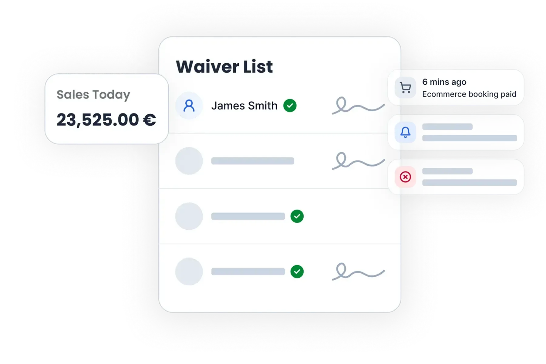 Bloowatch waiver dashboard showing digital waivers, guest status, and signed documents managed in one place.