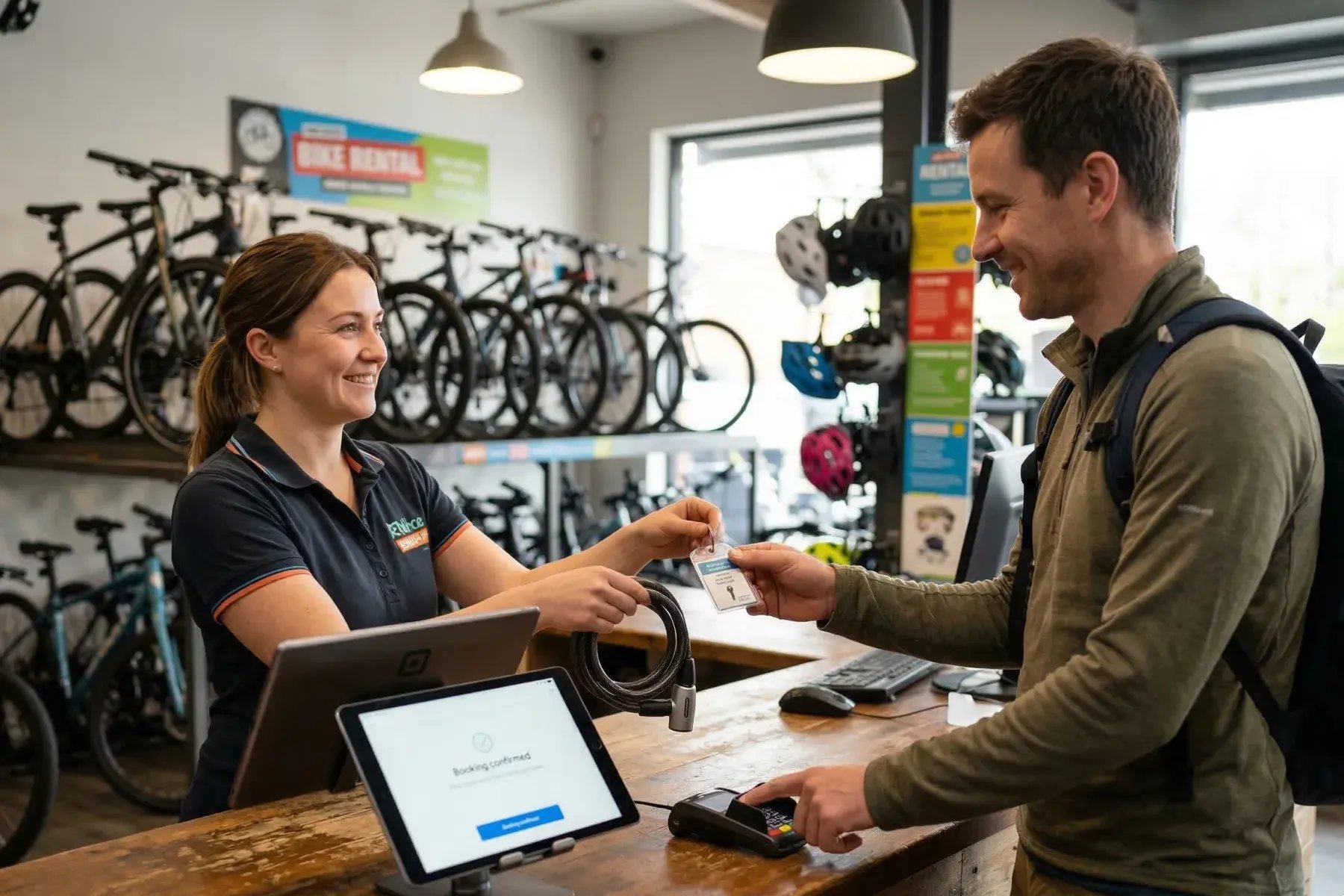 Front-desk staff using Bloowatch POS to handle walk-in rentals, take payment, and assign bikes.