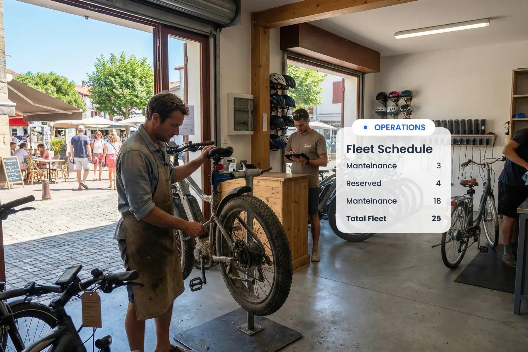 Staff member using Bloowatch to manage fleet-smart scheduling for bikes, accessories, and daily rental flow.
