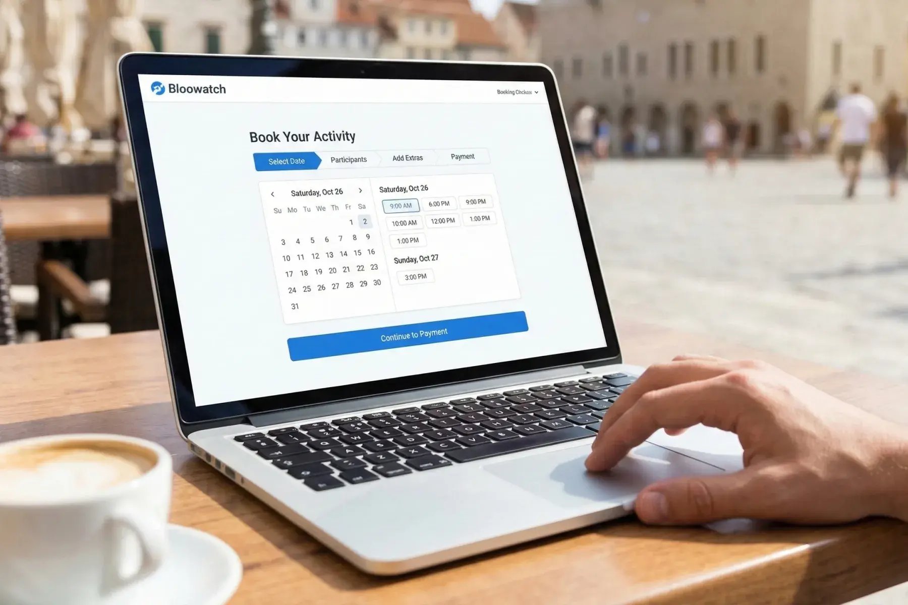 Bloowatch online booking view letting customers book boat rentals and courses 24/7 with live availability.