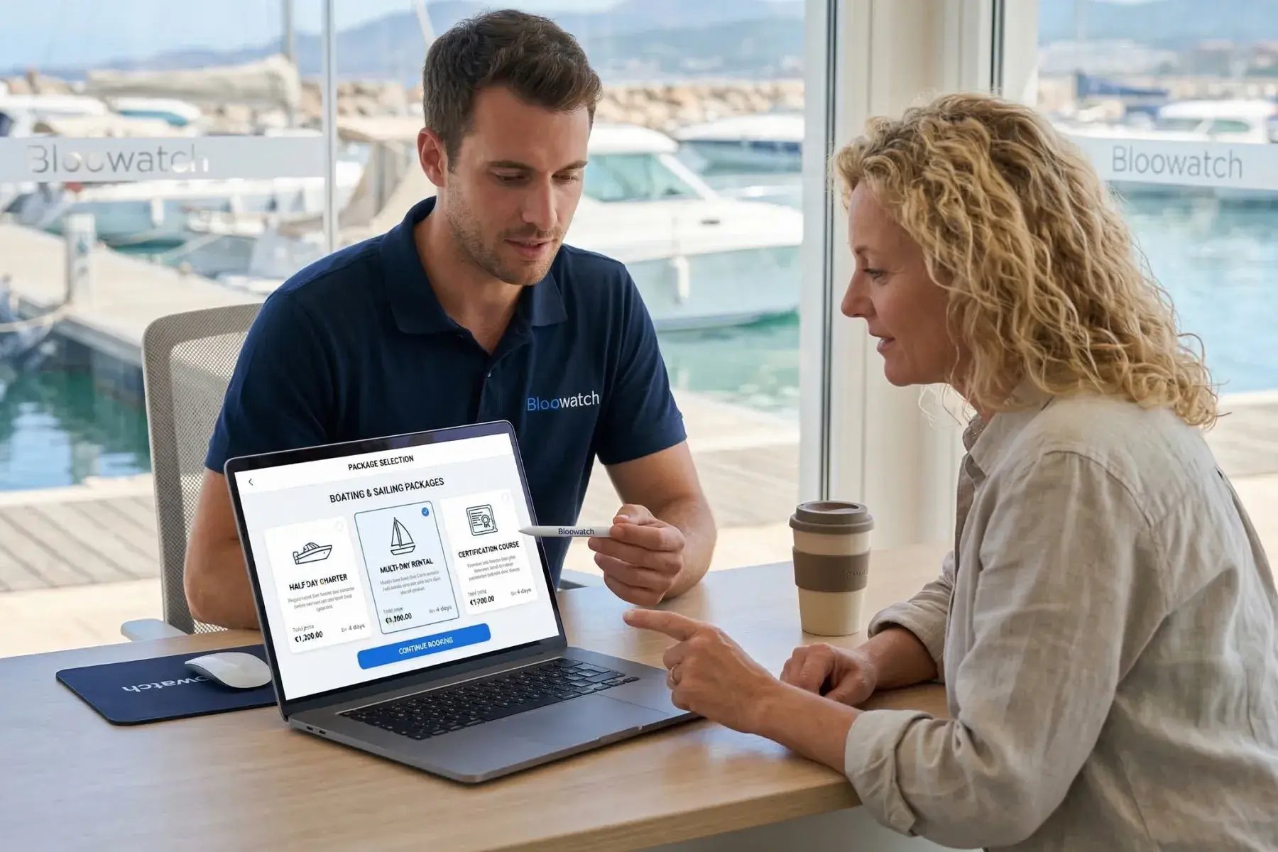 Staff using Bloowatch to help customers choose the right rental or certification package before booking.