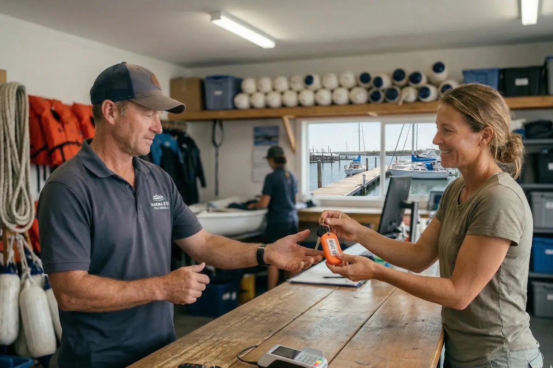 Team using Bloowatch at dock check-out to handle departures, handovers, and customer verification.