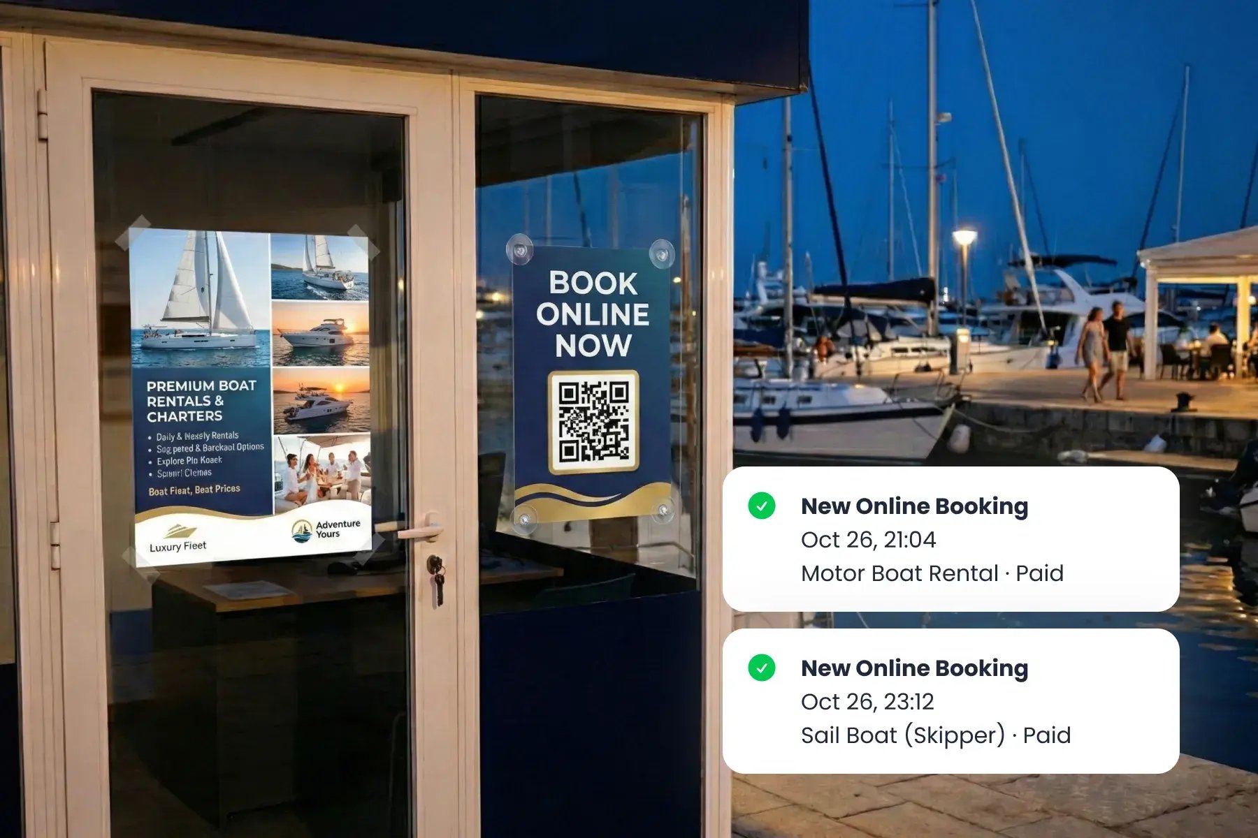 Bloowatch keeping direct sales, QR payments, and online bookings in sync for boat rentals and courses.