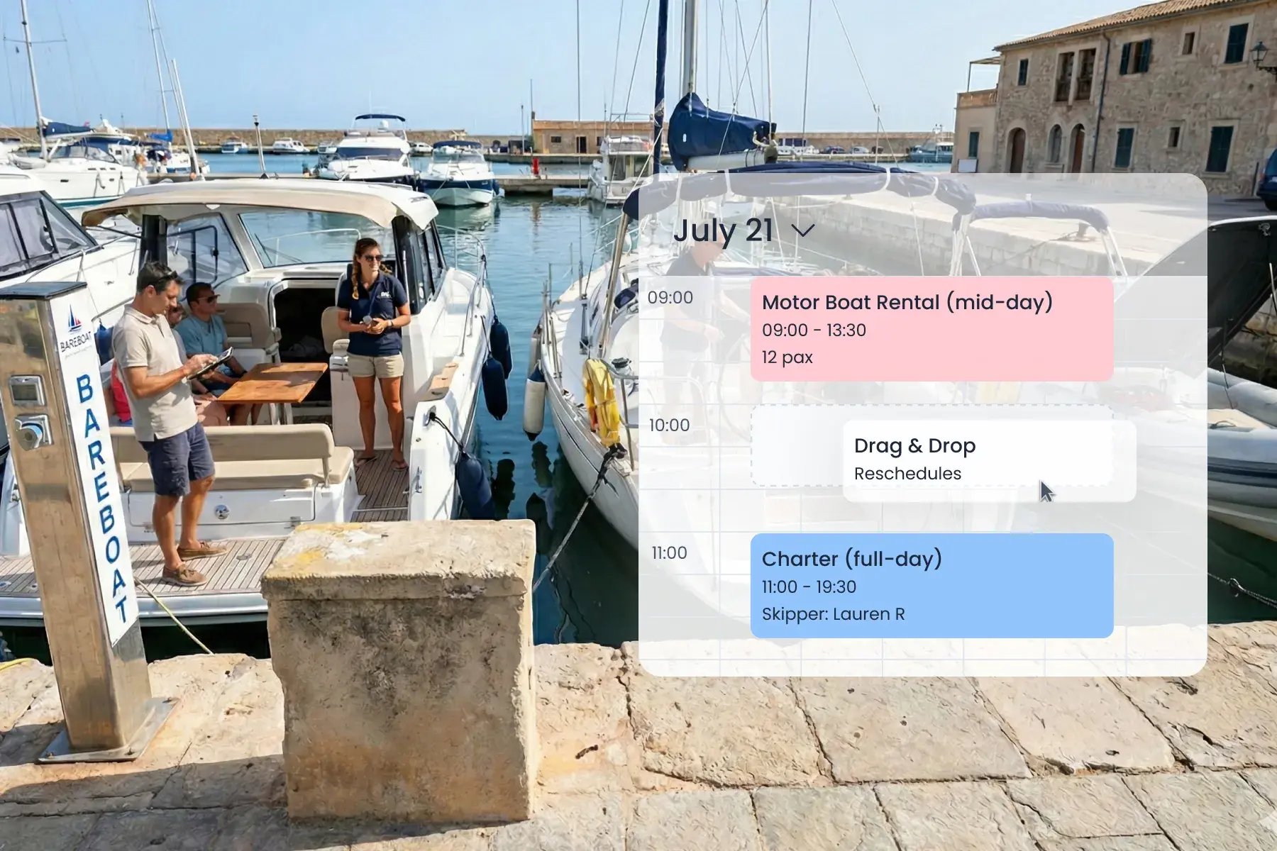 Staff using Bloowatch to manage fleet-smart scheduling for boats, availability, and daily dock operations.