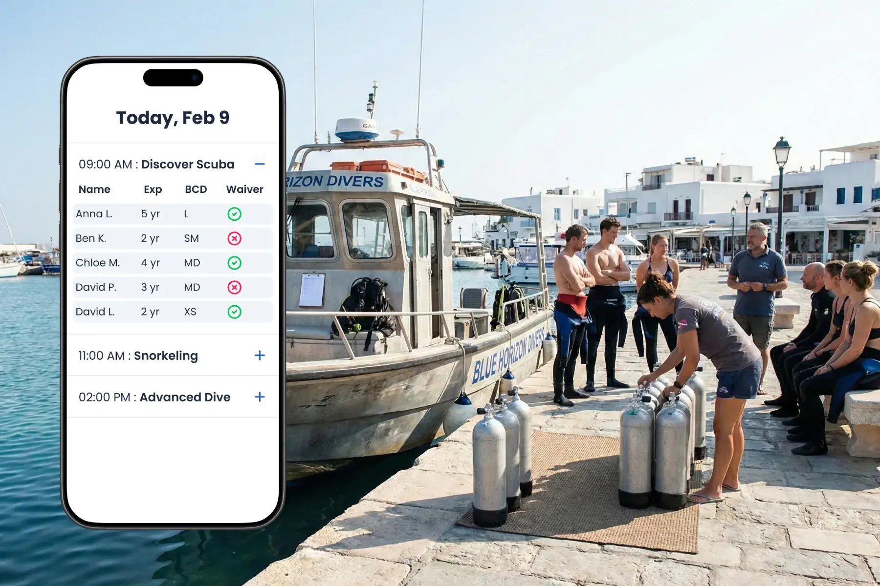 Group of divers boarding a boat with Bloowatch manifest interface open on a mobile device, tracking participants in real time
