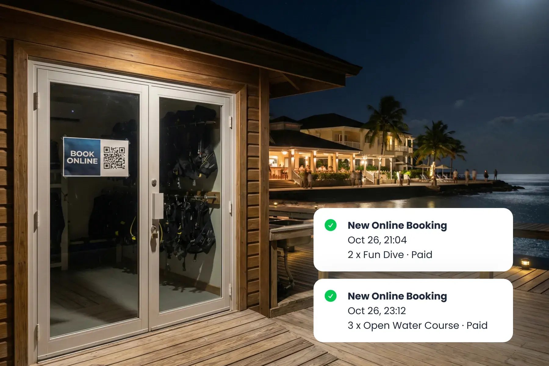 Dive resort entrance with digital booking display showing availability synced across channels in Bloowatch