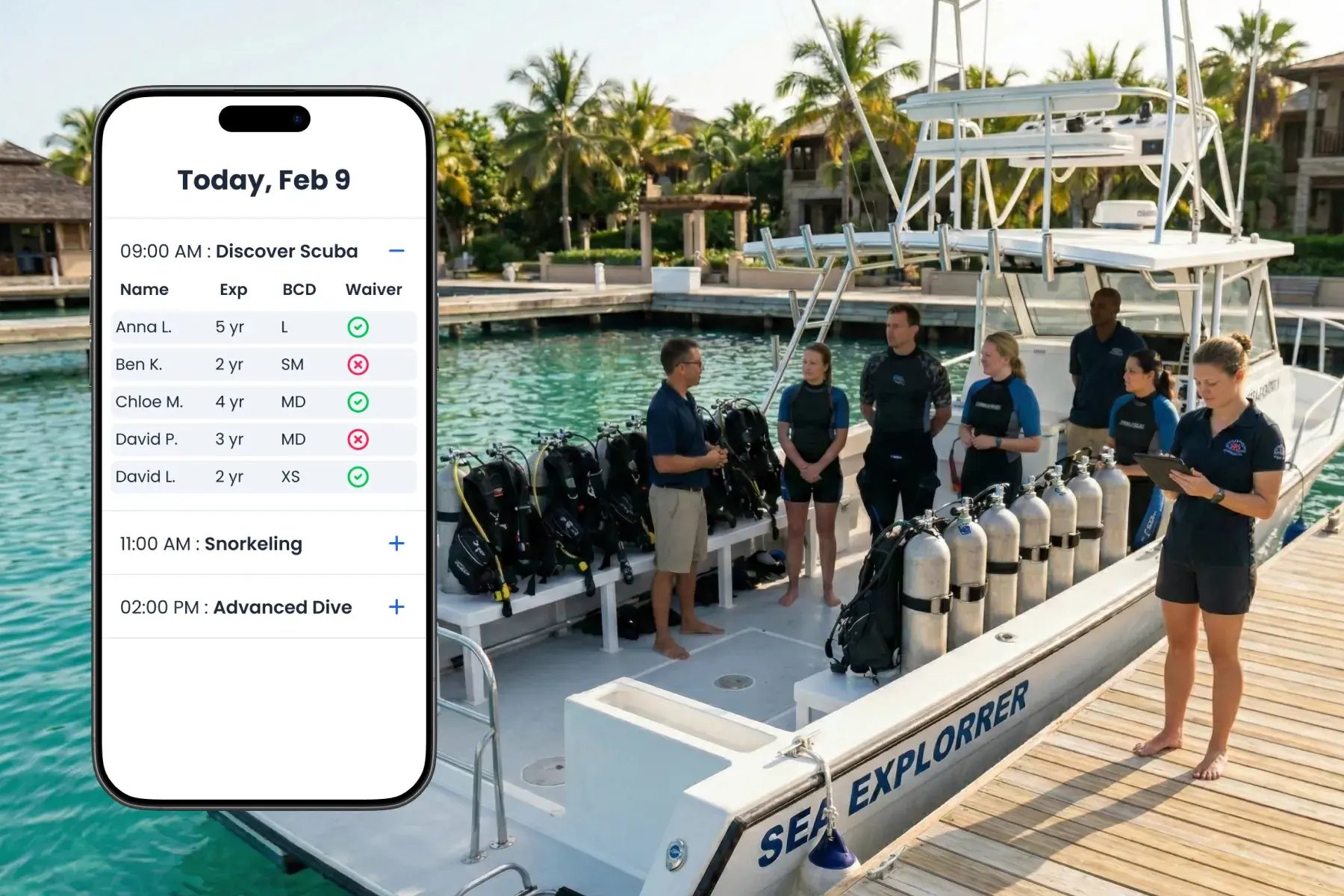Dive group boarding a boat with Bloowatch manifest open on mobile, confirming participants before departure