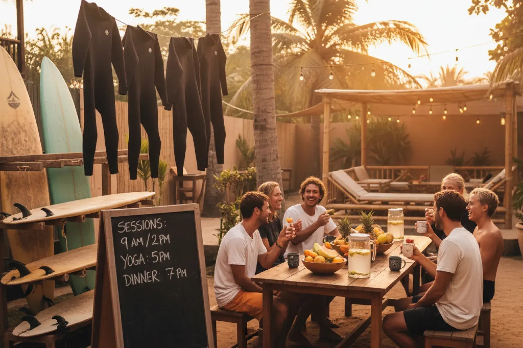 Guests relaxing together at a surf camp courtyard at sunset, with surfboards and wetsuits nearby