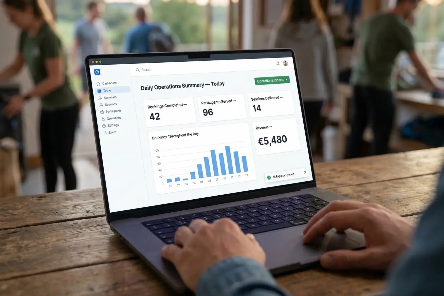 Bloowatch reports dashboard showing real-time sales, bookings, and performance insights on a laptop.