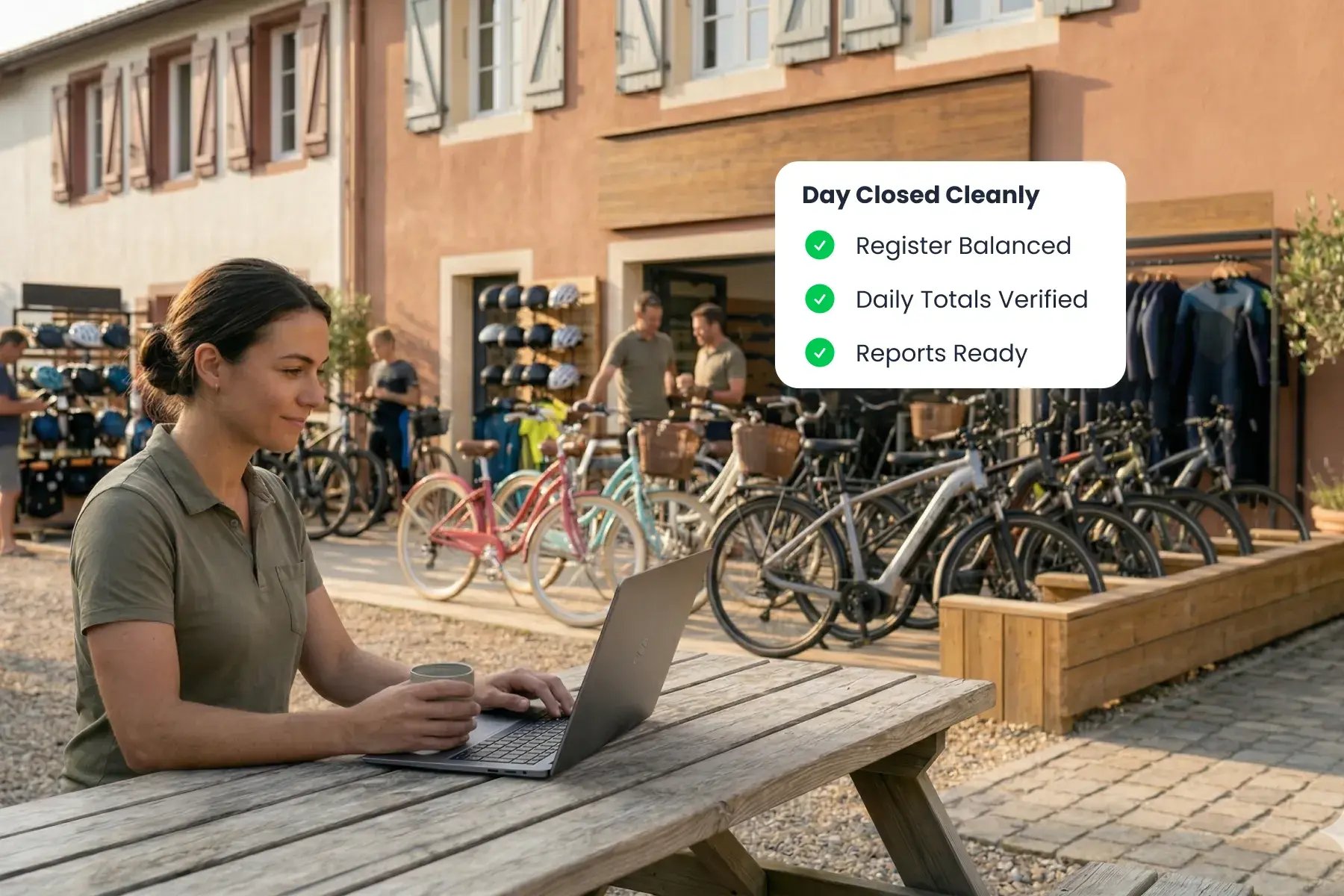 Outdoor rental counter with staff using Bloowatch on a laptop to run end-of-day closure and reporting