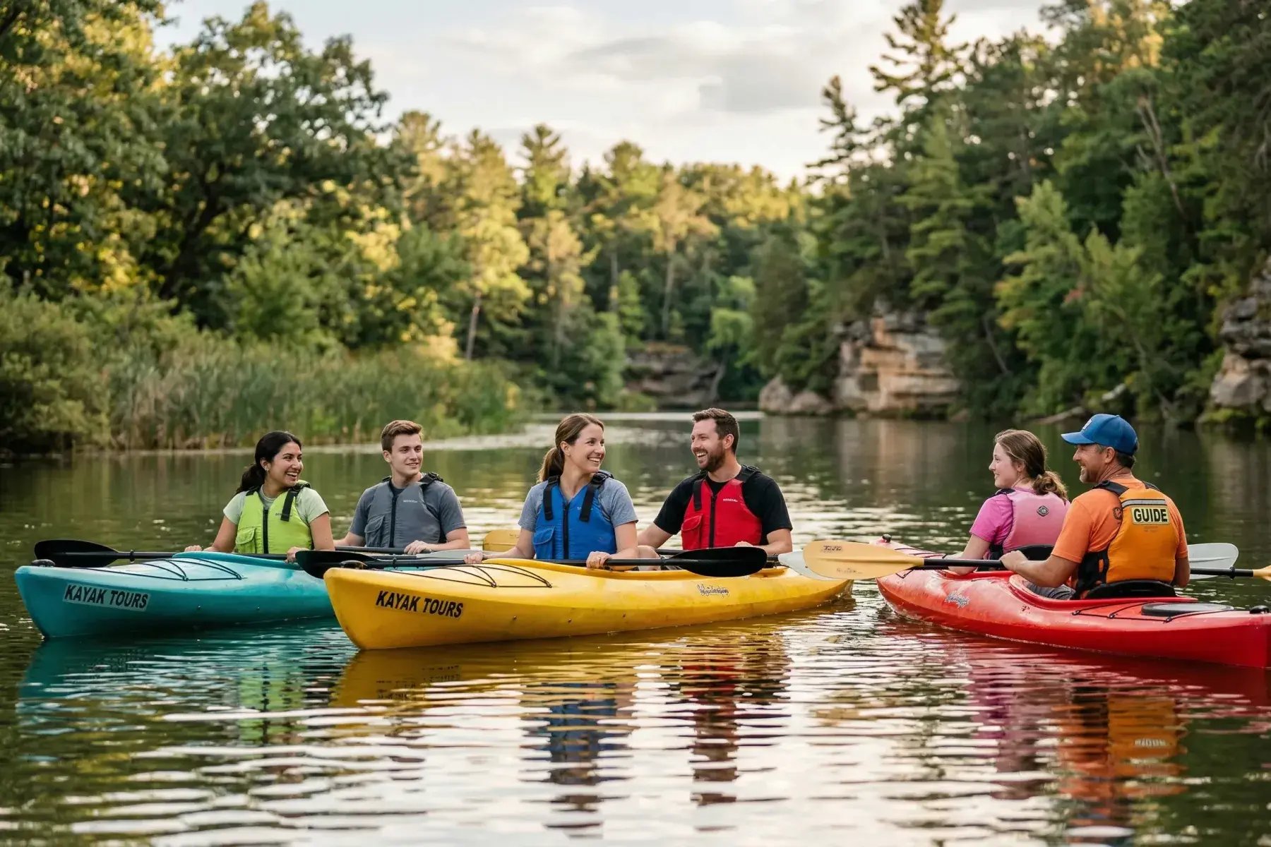 Kayaks lined up at a paddle sports rental center managed with the Bloowatch rental app