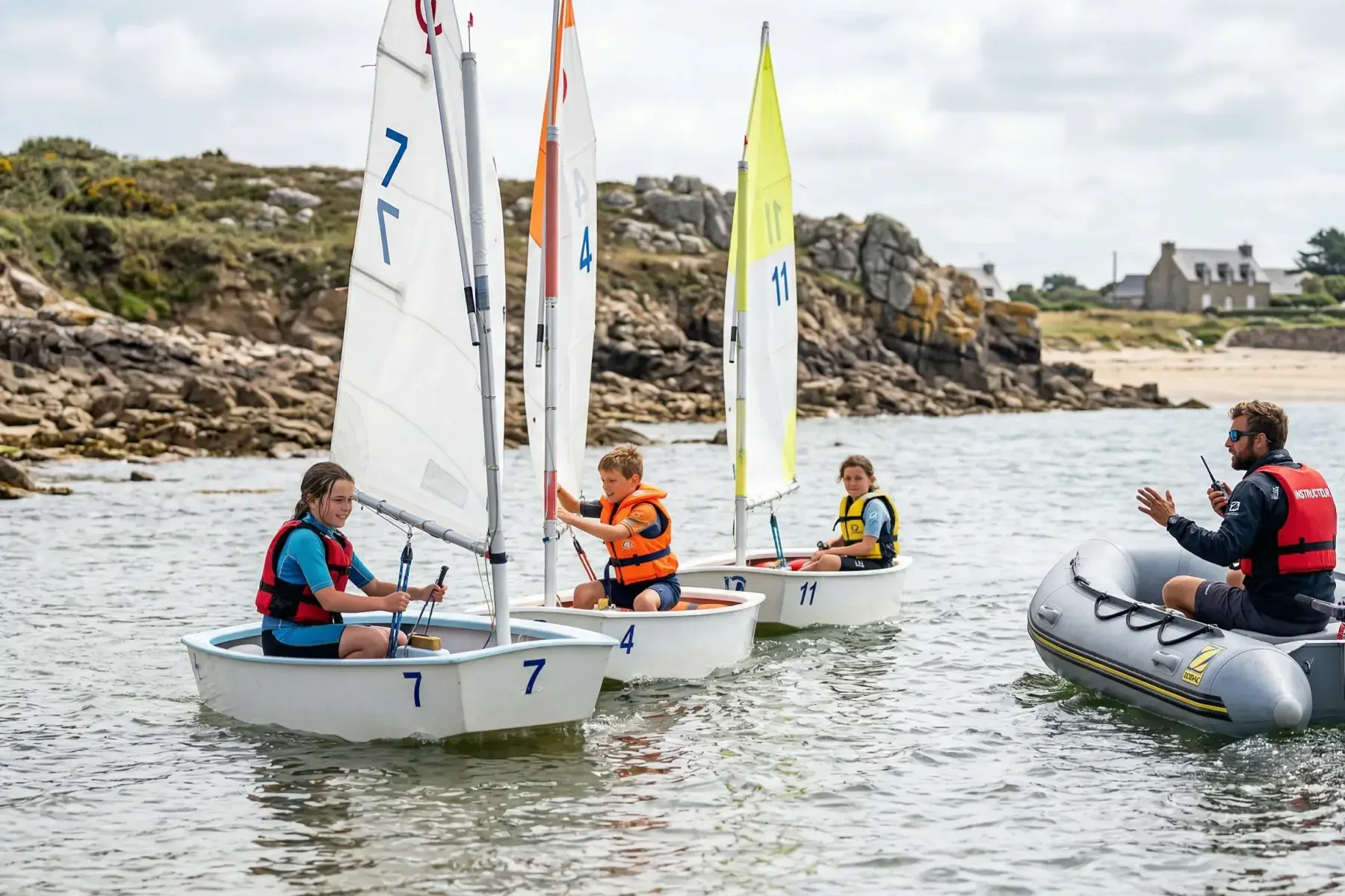 Sailing school fleet of kids with instructor