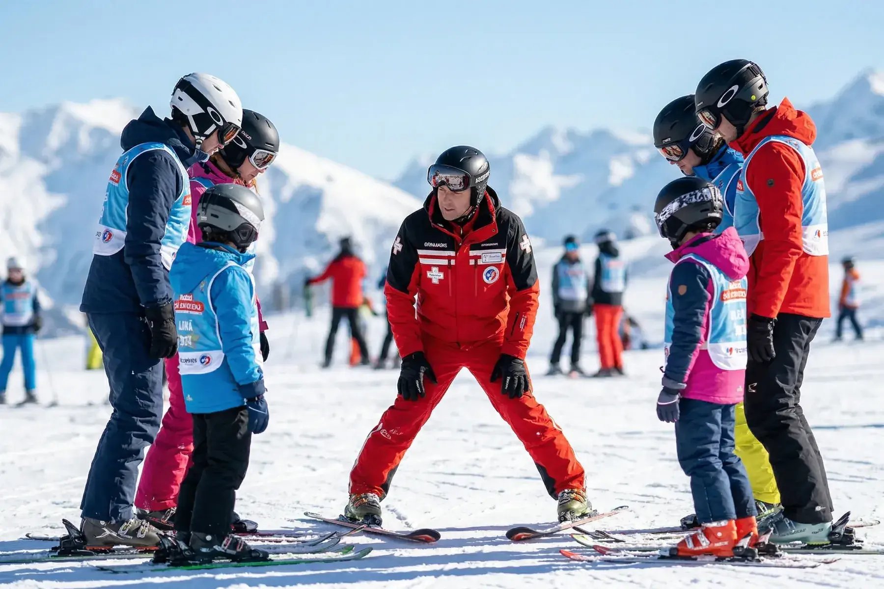 Ski instructor guiding children on the slopes, representing how Bloowatch waivers support ski schools.