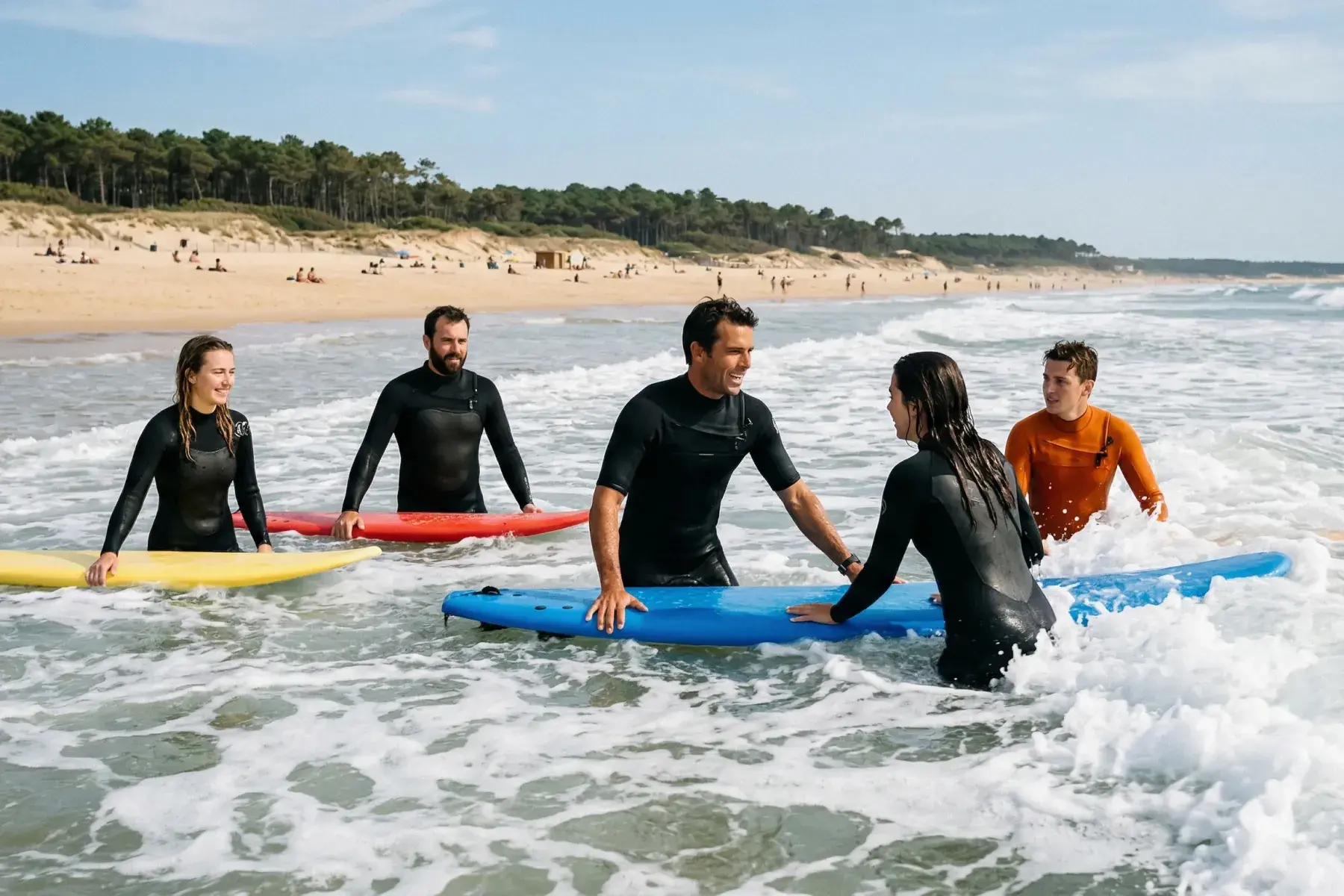 Group of surfers having a lesson with instructor