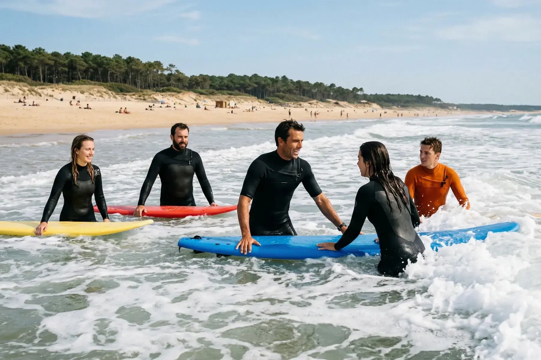 Surf lesson group with instructor practicing in ocean waves