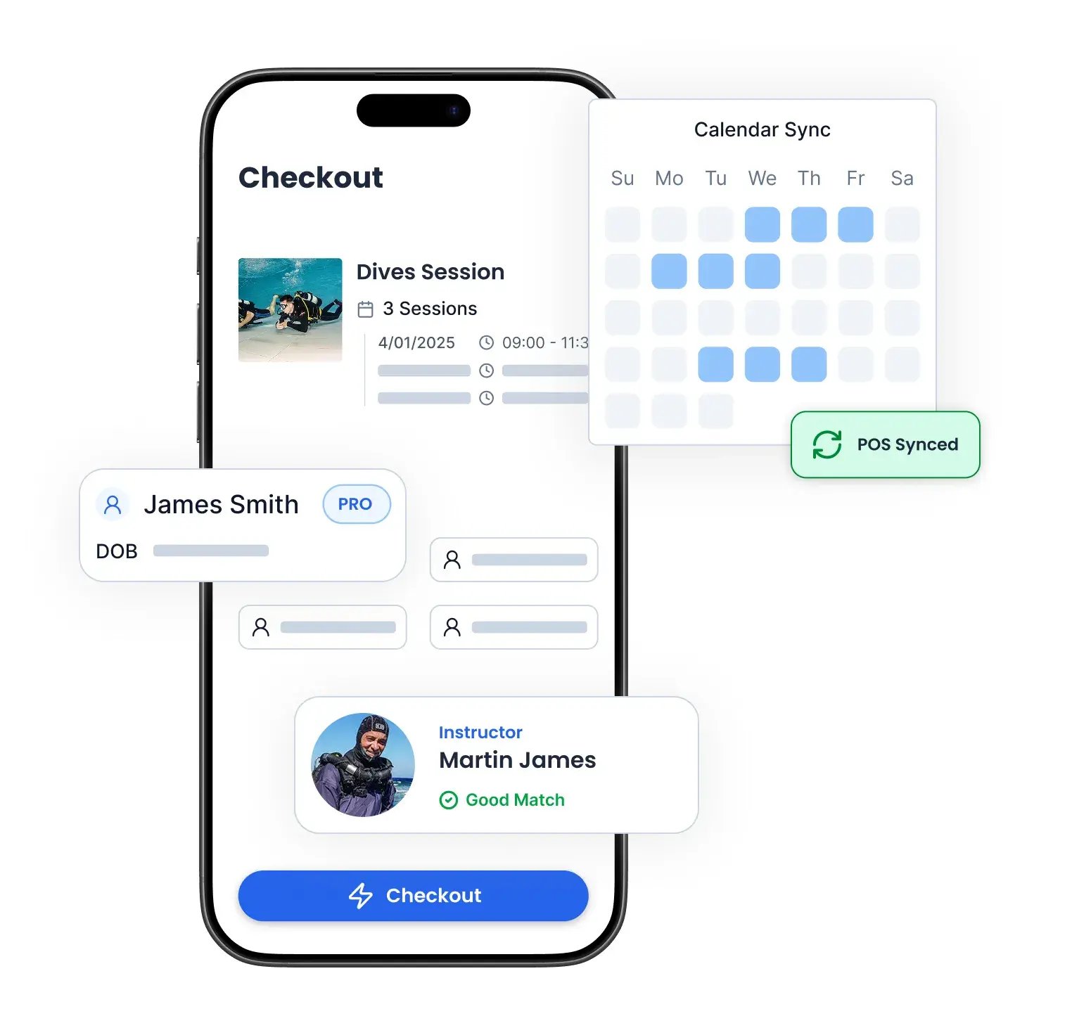 Checkout móvel da Bloowatch com reserva online, seleção de calendário e confirmação de pagamento rápida.