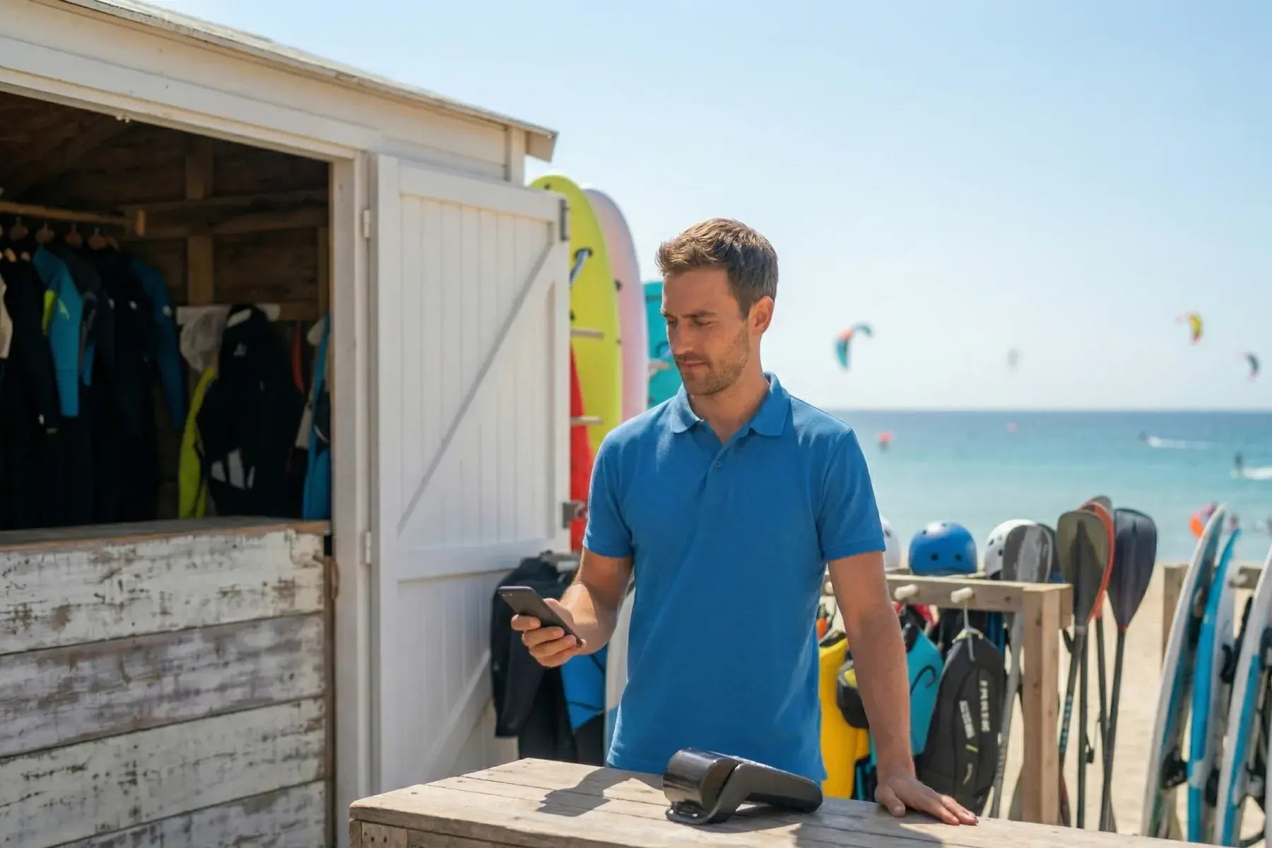 Membro da equipa a usar o POS e as ferramentas de pagamento da Bloowatch para fechar vendas e aceitar pagamentos em qualquer lugar.