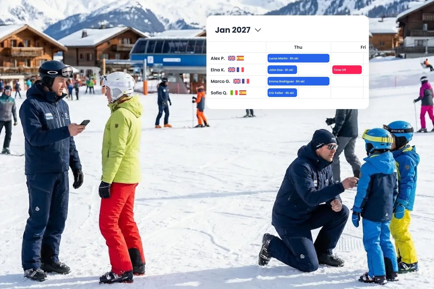 Ski instructor teaching on the slope with Bloowatch supporting private-lesson scheduling and instructor matching.