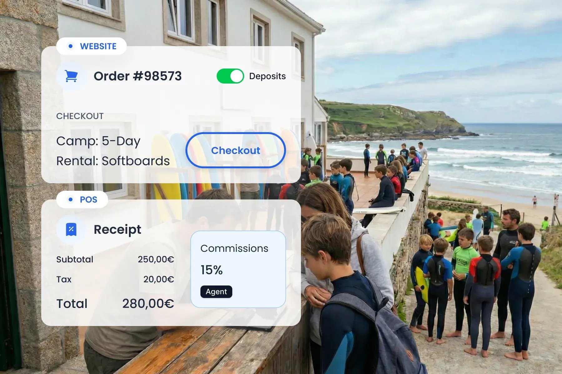 Bloowatch multichannel booking interface showing surf camp package sales synced across online, POS, and agent channels