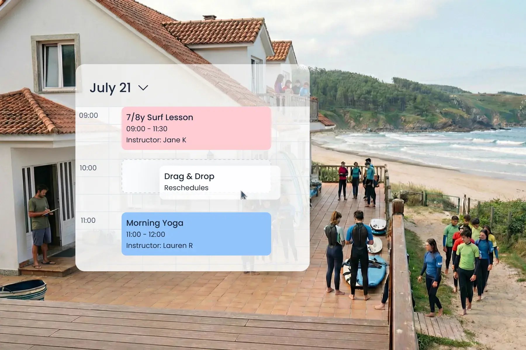 Bloowatch unified calendar showing surf lesson sessions, room availability, and staff assignments for a surf camp