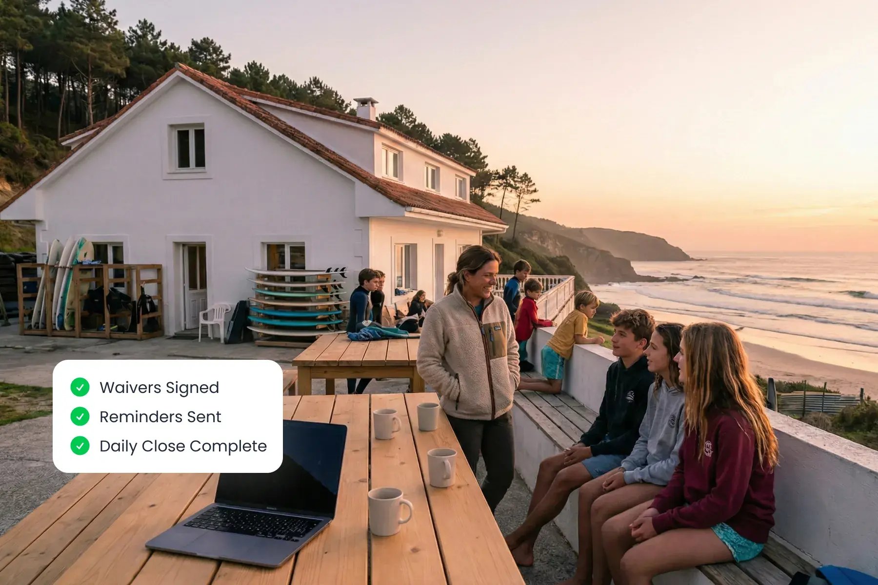 Coastal surf camp accommodation at sunset with Bloowatch handling guest check-in and pre-arrival admin automatically