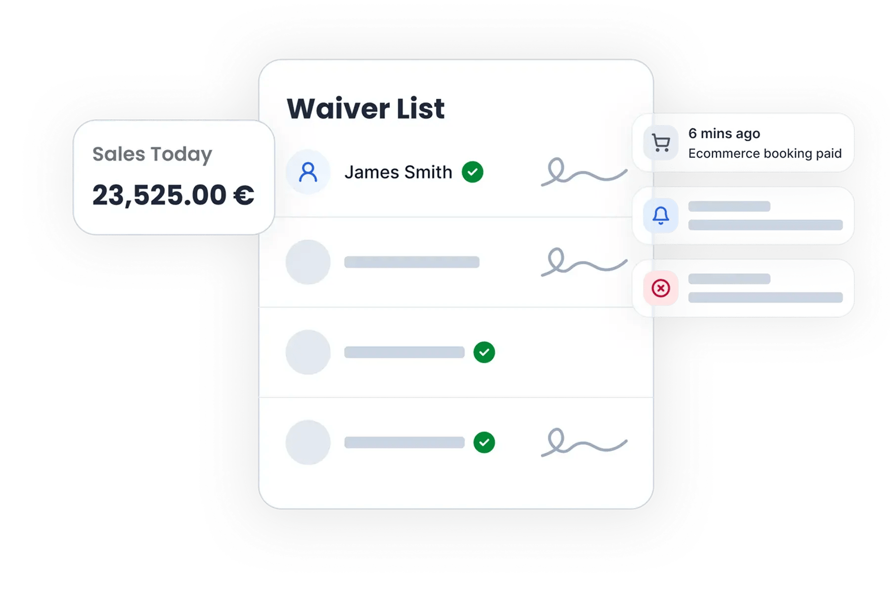 Bloowatch waiver dashboard showing digital waivers, guest status, and signed documents managed in one place.