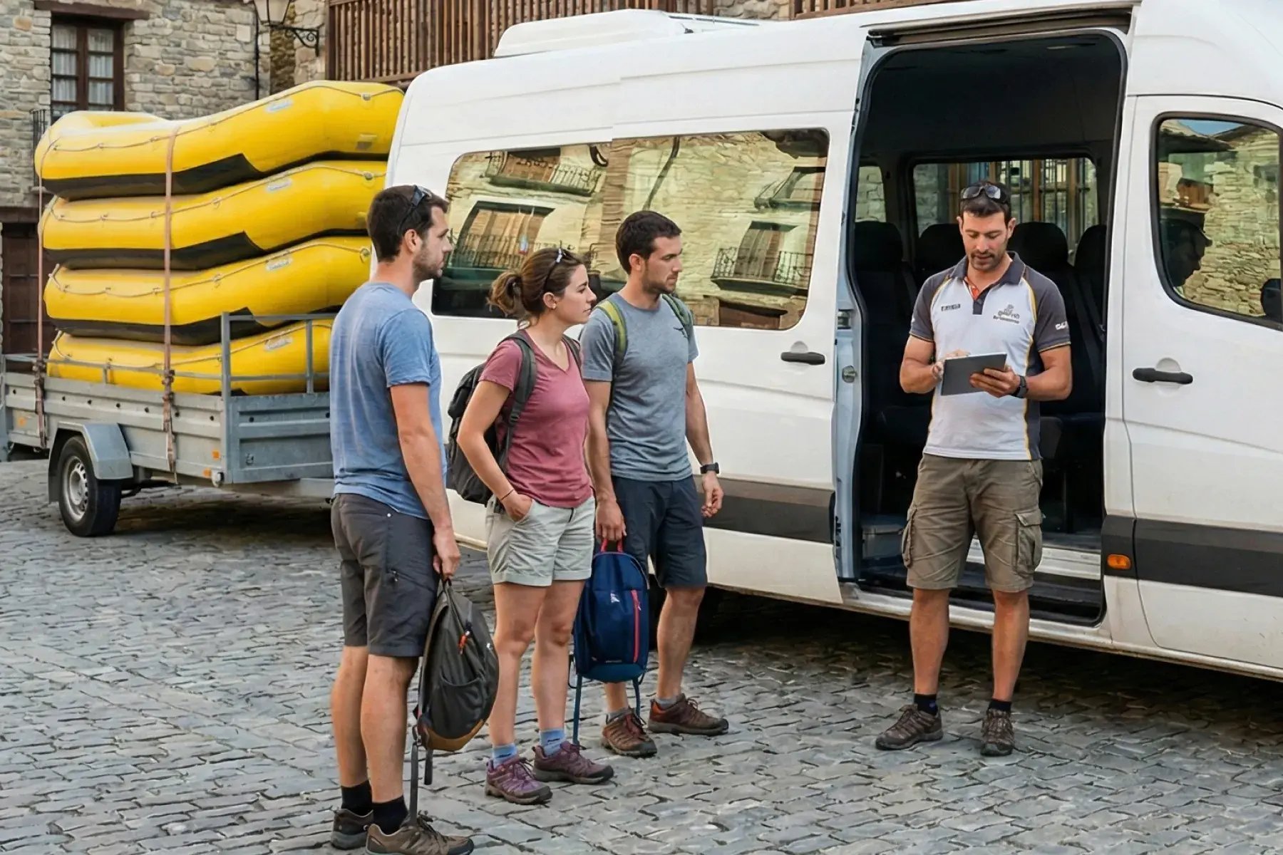 Whitewater guides and guests by the shuttle van, with Bloowatch supporting field logistics, meeting points, and trip coordination.