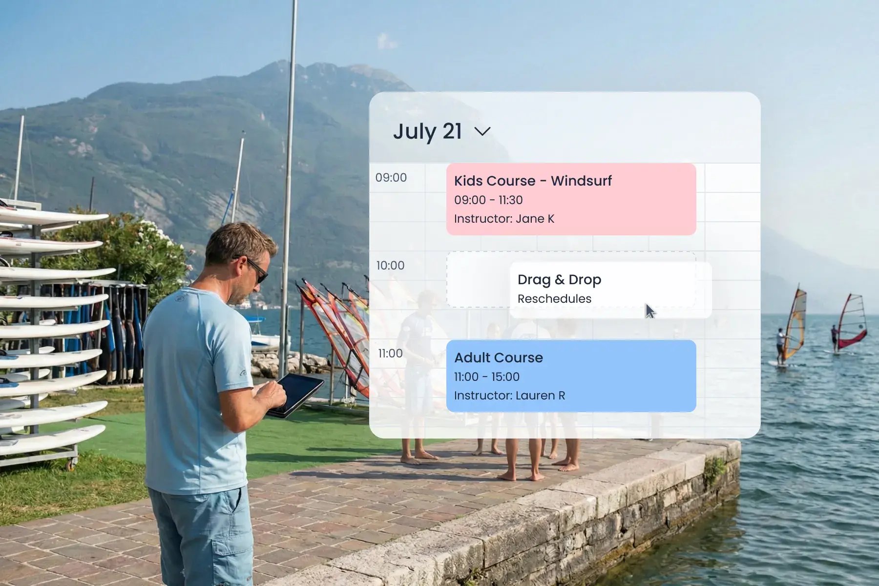 Staff member using Bloowatch to manage wind-smart scheduling for lessons, rentals, and daily activity flow.