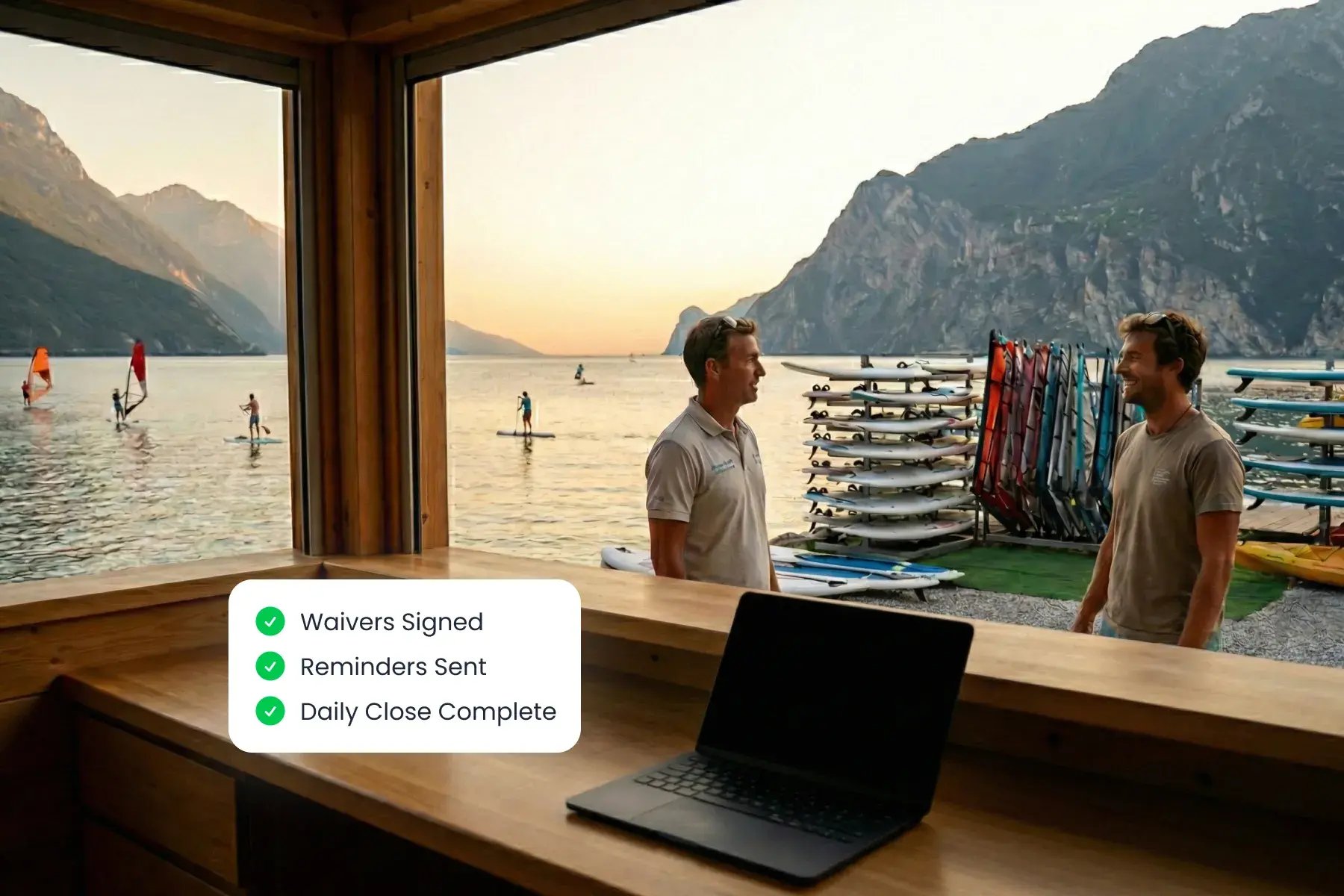 Bloowatch automating communications, forms, and accounting for cleaner daily operations at a watersports center.