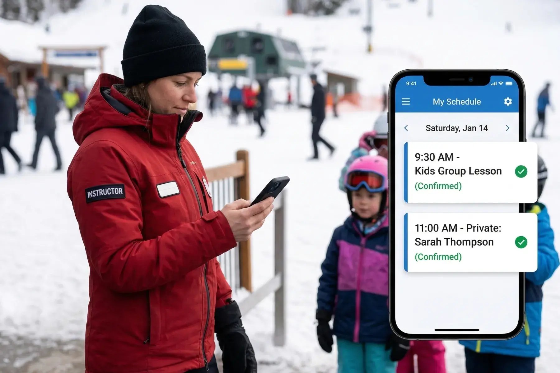 Ski instructor using Bloowatch mobile view to access roster and client details on the phone while on the slope.