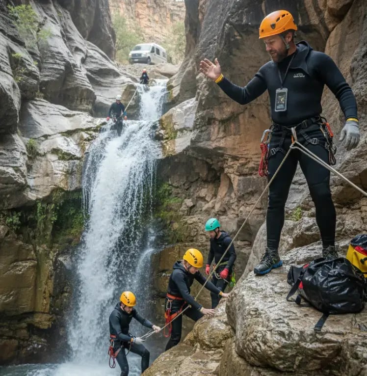 Group in helmets and wetsuits navigating a rocky canyon with a waterfall during a canyoneering adventure