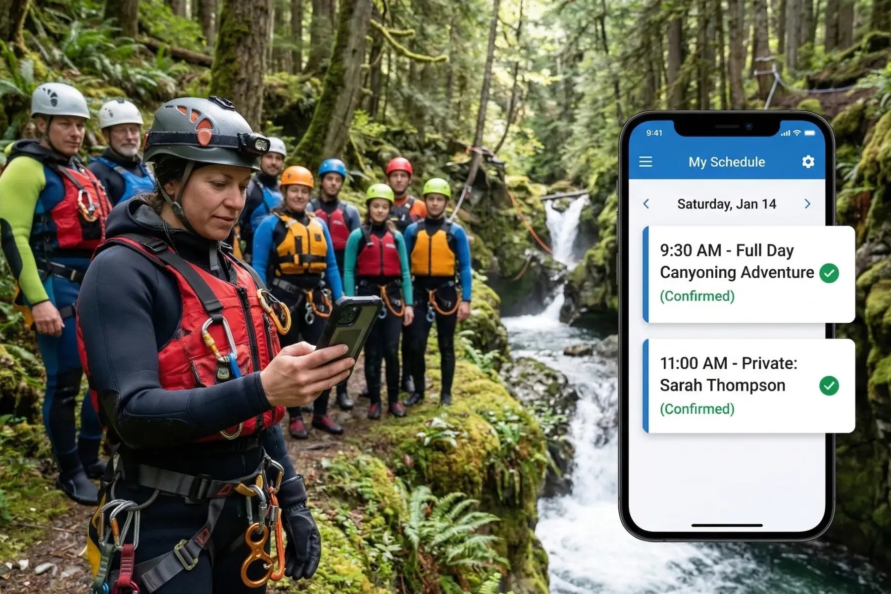 Whitewater guide using Bloowatch mobile view to access trip details and prepare the group with confidence.