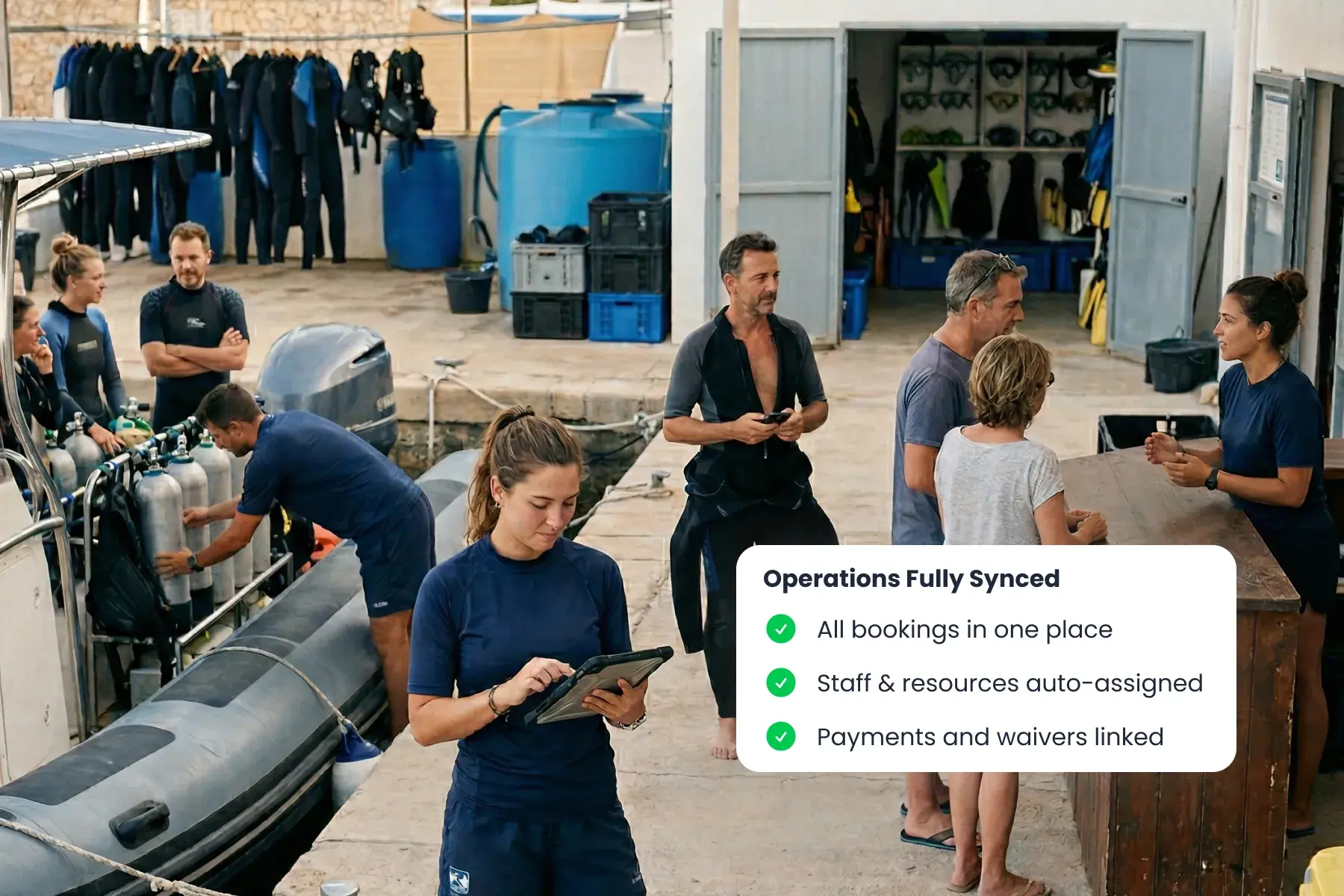 Bloowatch activity center view showing staff, gear, bookings, and operations managed from one platform.