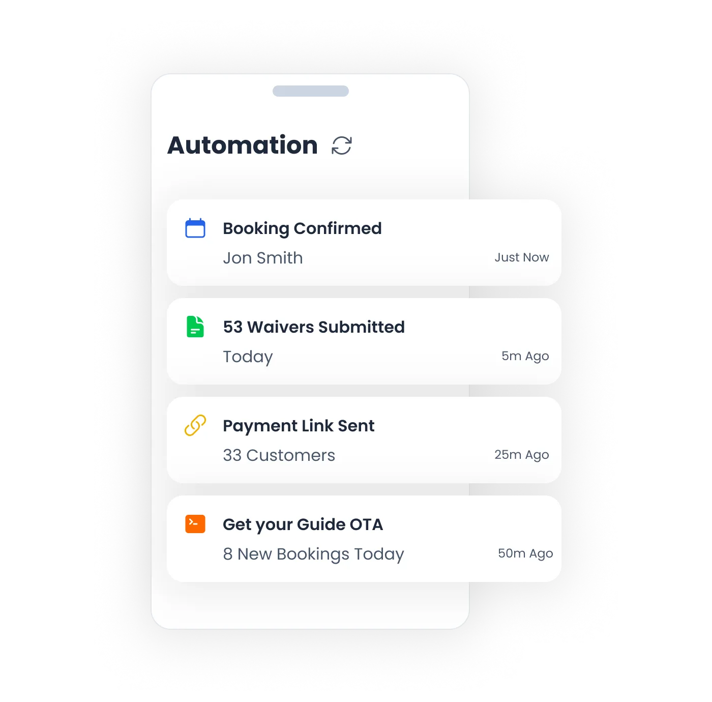 予約確認、免責同意書の提出、ペイメントリンク、OTAの更新を一つのワークフロー画面で表示するBloowatch自動化パネル。