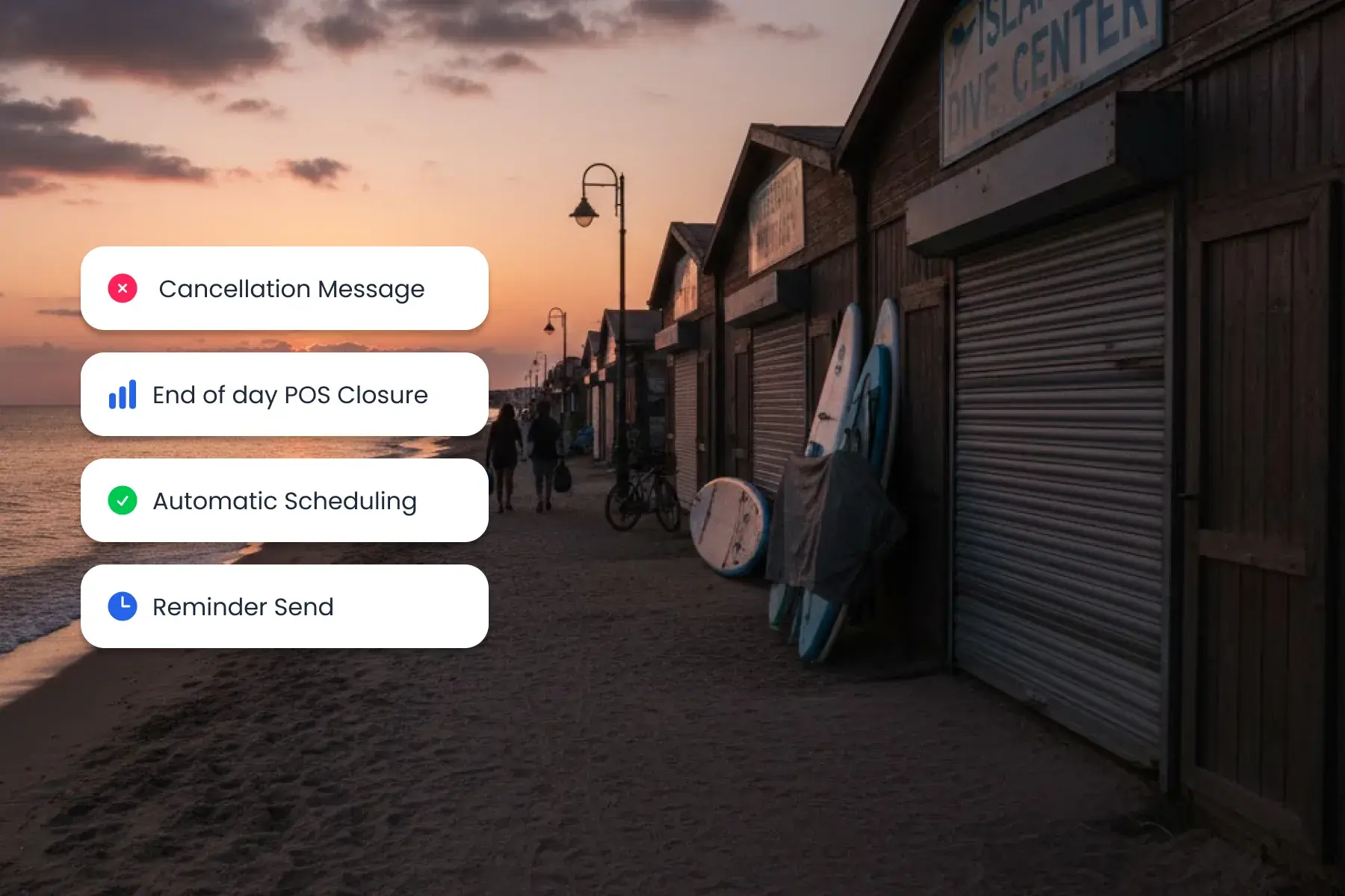 キャンセル、日次締め、スケジューリング、リマインダー送信のリアルタイム更新を表示するBloowatch業務自動化画面。
