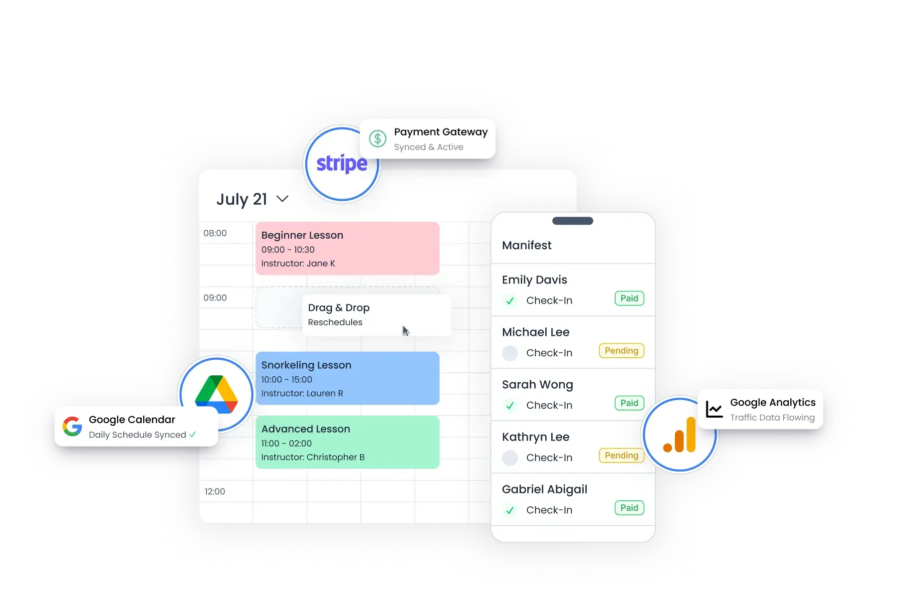Bloowatch integrations view connecting bookings, payments, accounting, and reporting tools in one synced workflow.