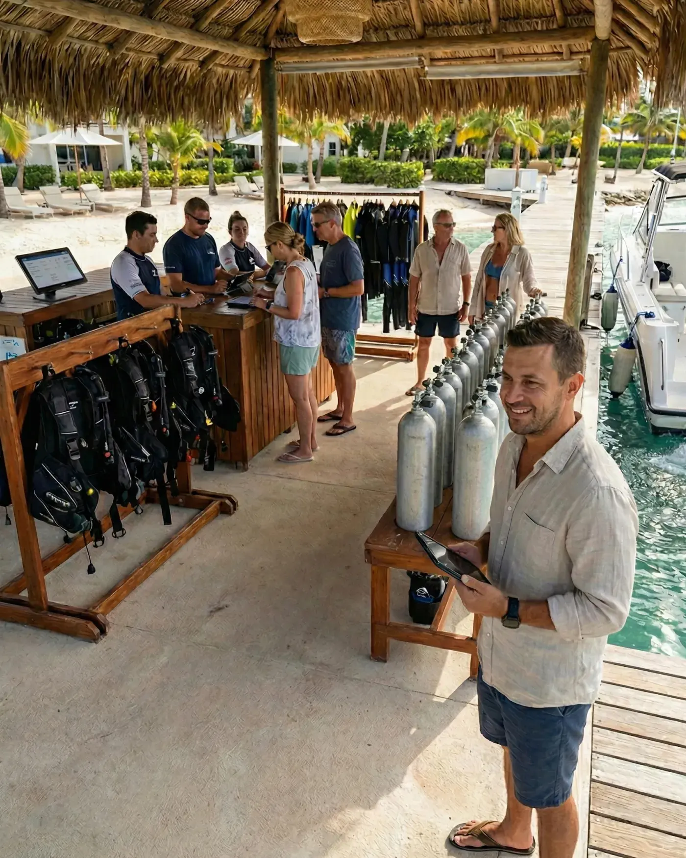Dive resort staff welcoming guests alongside scuba gear and equipment racks, managed with Bloowatch